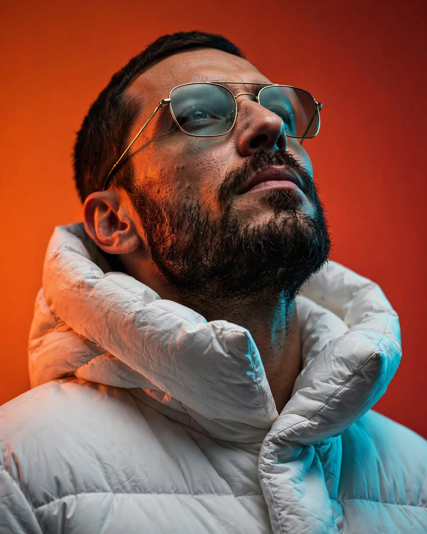 Fiery Orange Studio Portrait Prompt — White Puffer Jacket, Dual-Color Light