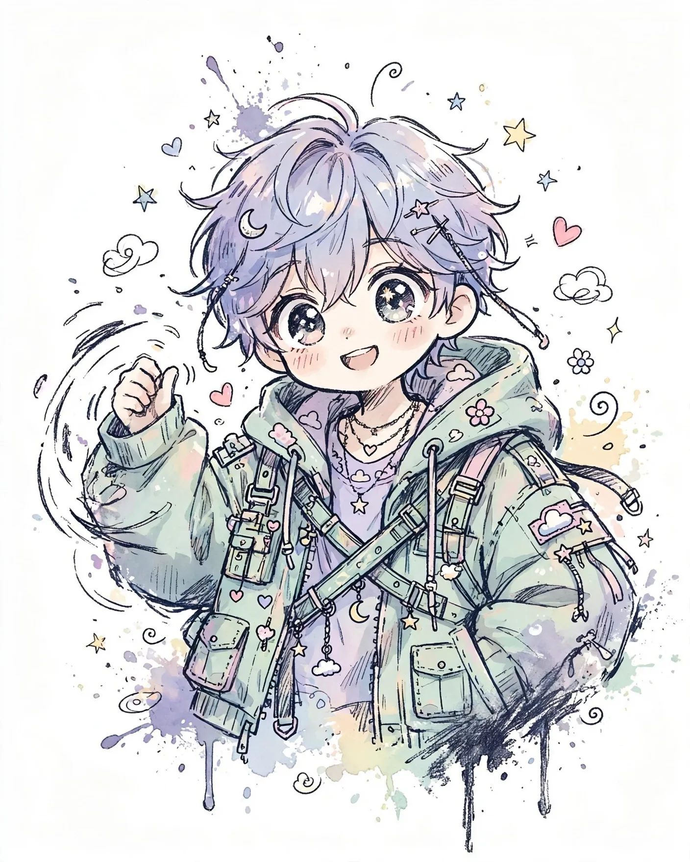Korean Doodle Character Portrait Prompt — Ink-Splash Style (4:5)