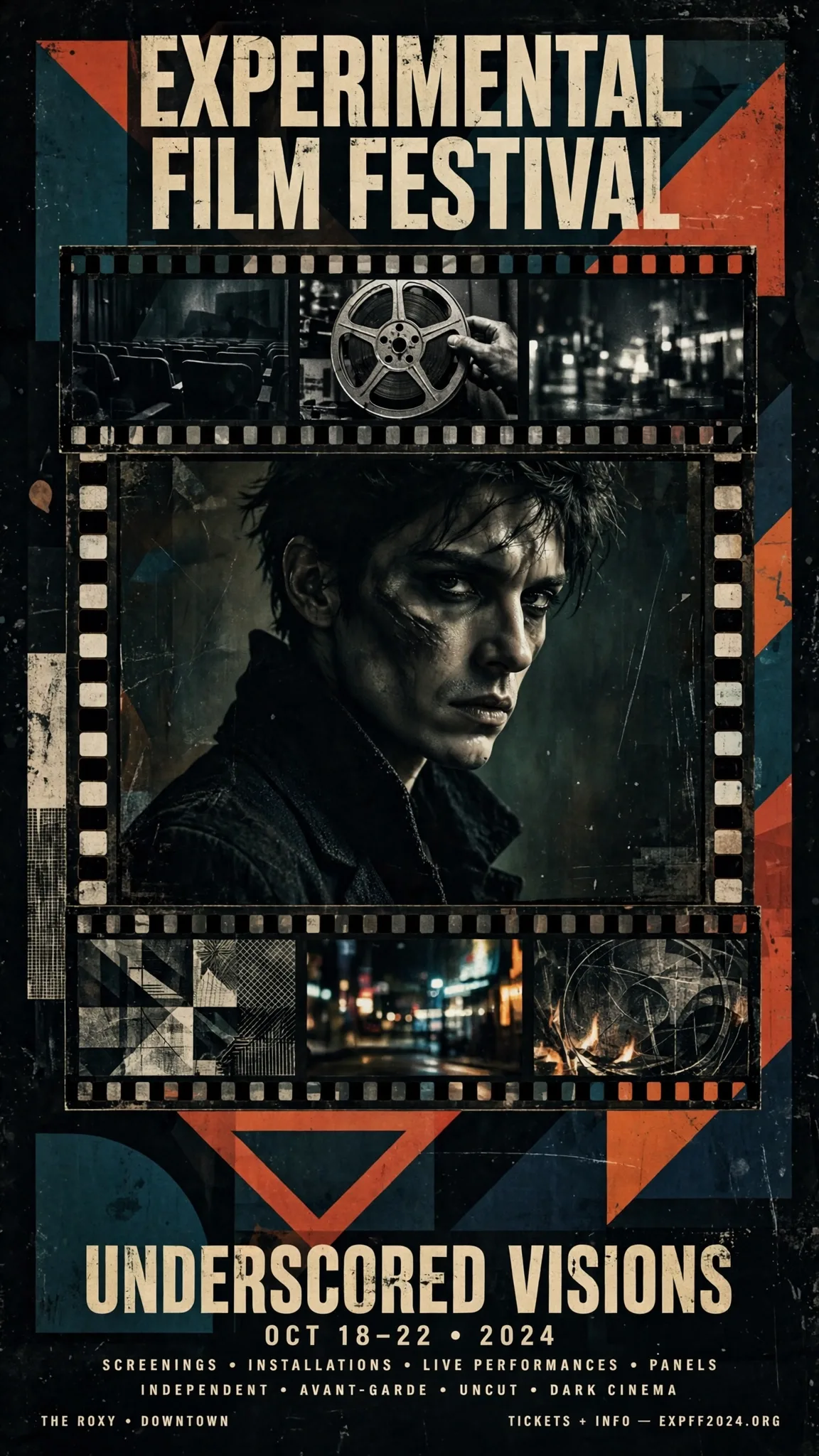 Experimental Film Festival Character Poster with Film-Strip Layout