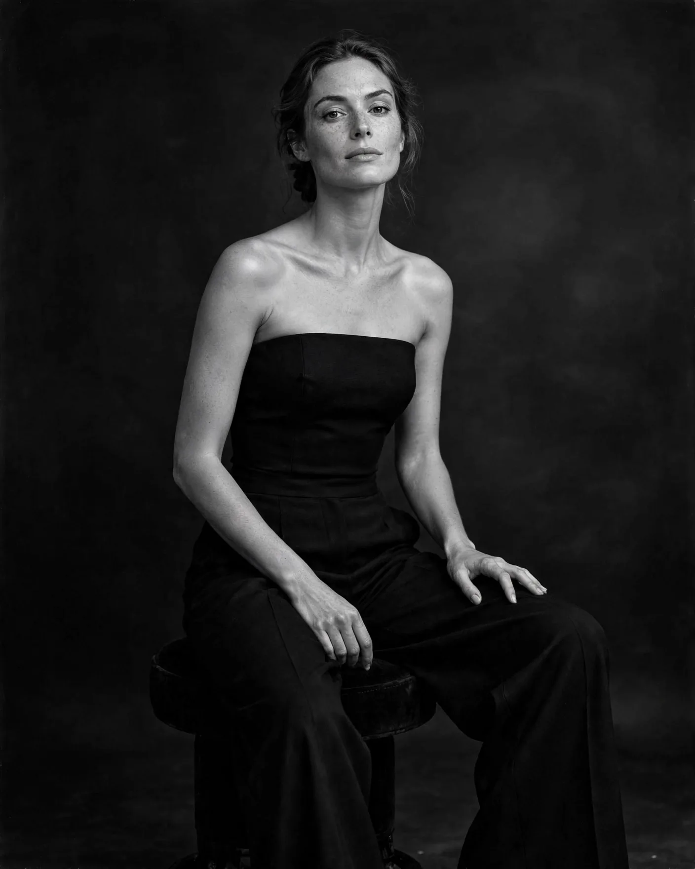 Classic Black-and-White Studio Portrait Prompt — Black Stool, All Black