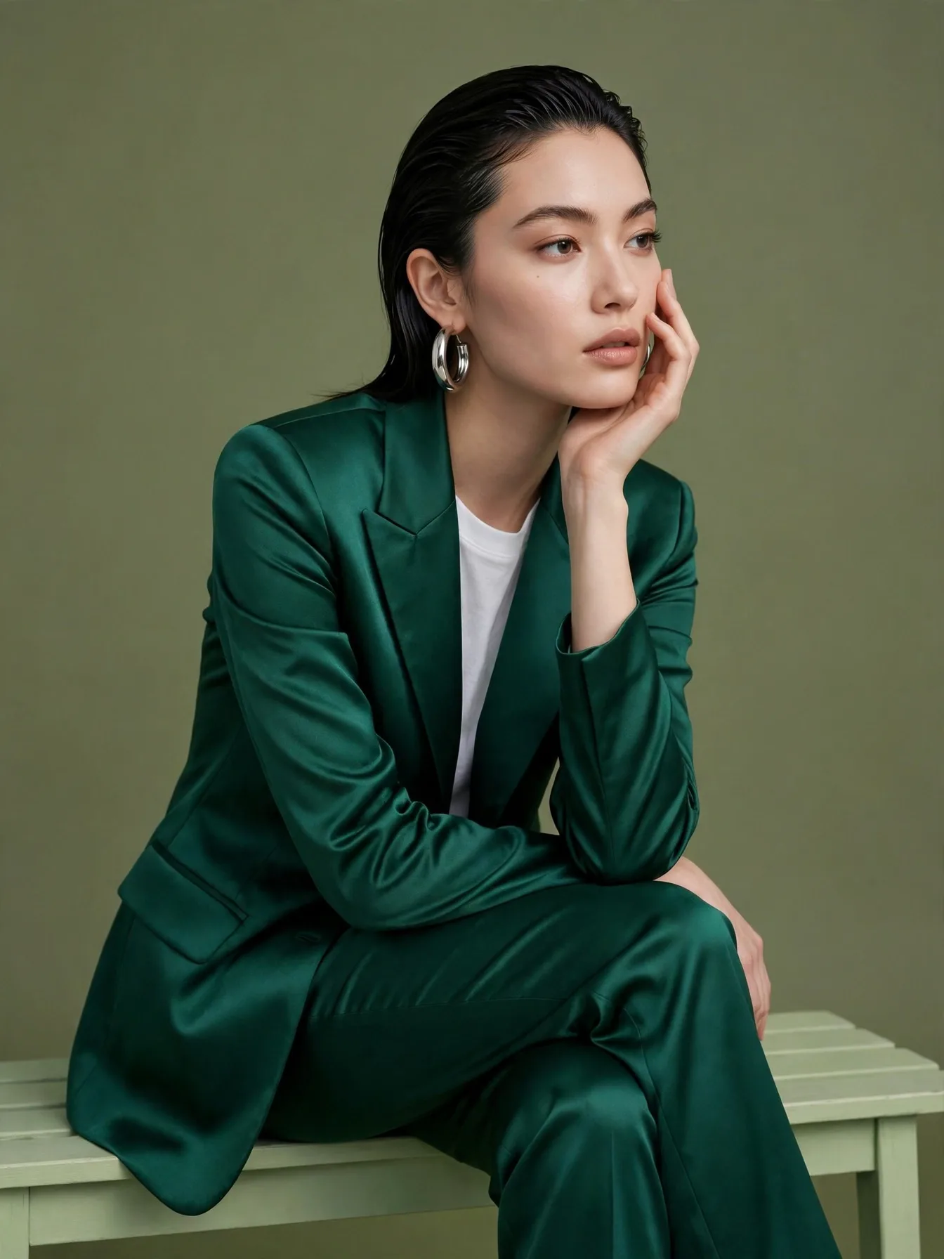 Emerald Satin Suit Portrait Self-Swap Editable AI Prompt