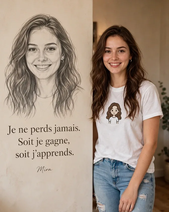 Sketch Portrait French Quote Self-Swap Editable AI Prompt