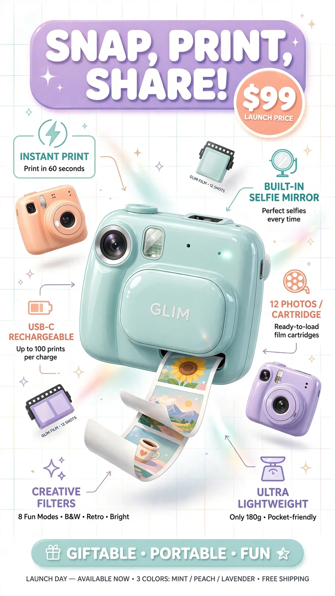 Instant Camera Infographic Ad Prompt — Playful Tech Campaign