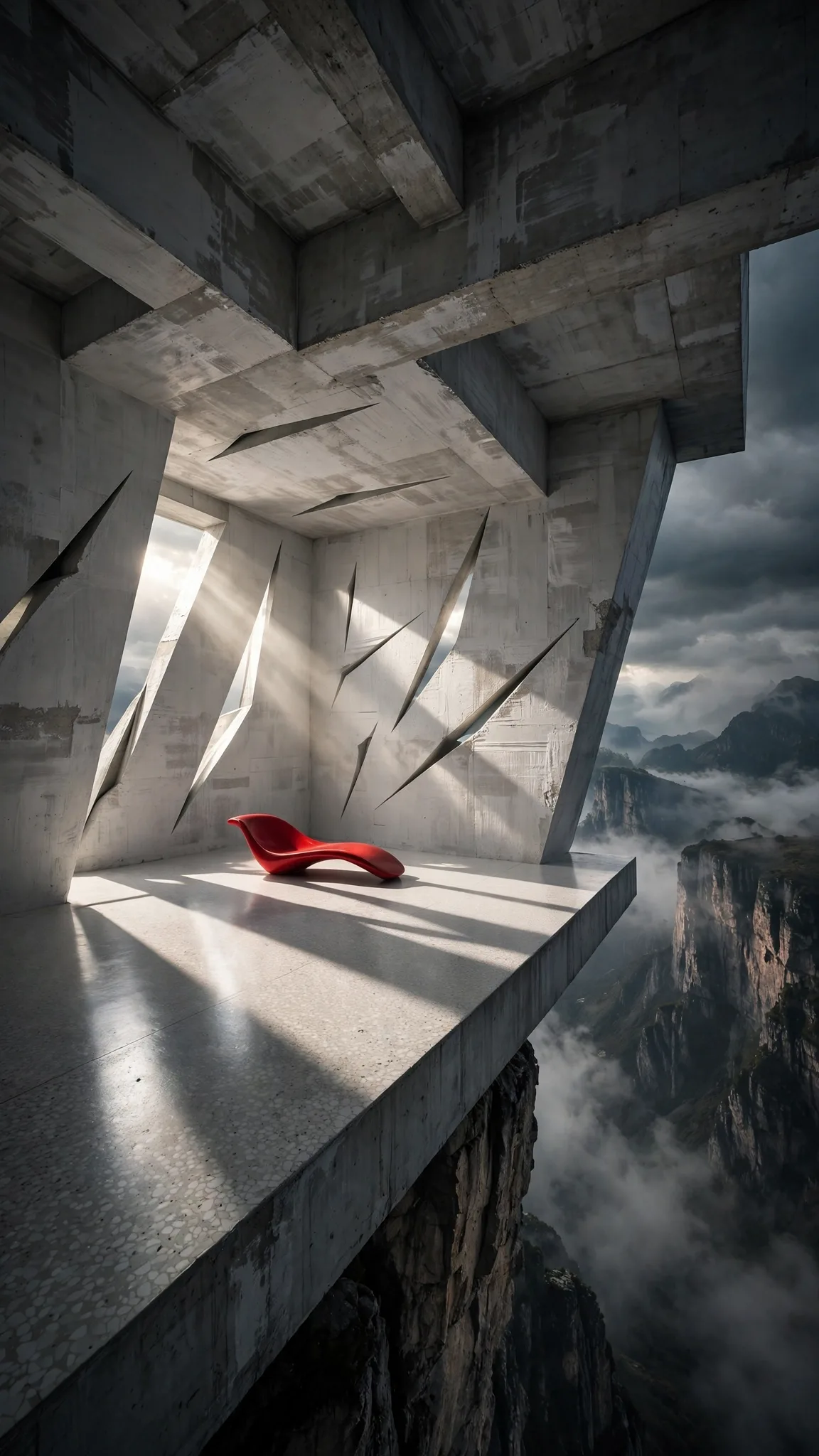 Brutalist Cliff Living Room Prompt — Concrete Architecture Render (9:16)