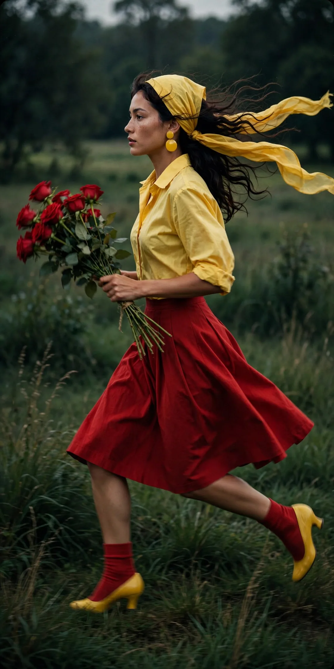 Retro Running Portrait With Red Roses