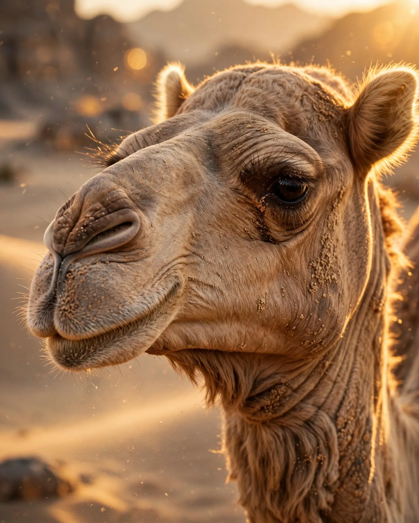Golden Hour Camel Portrait Prompt — Desert Wildlife Photo