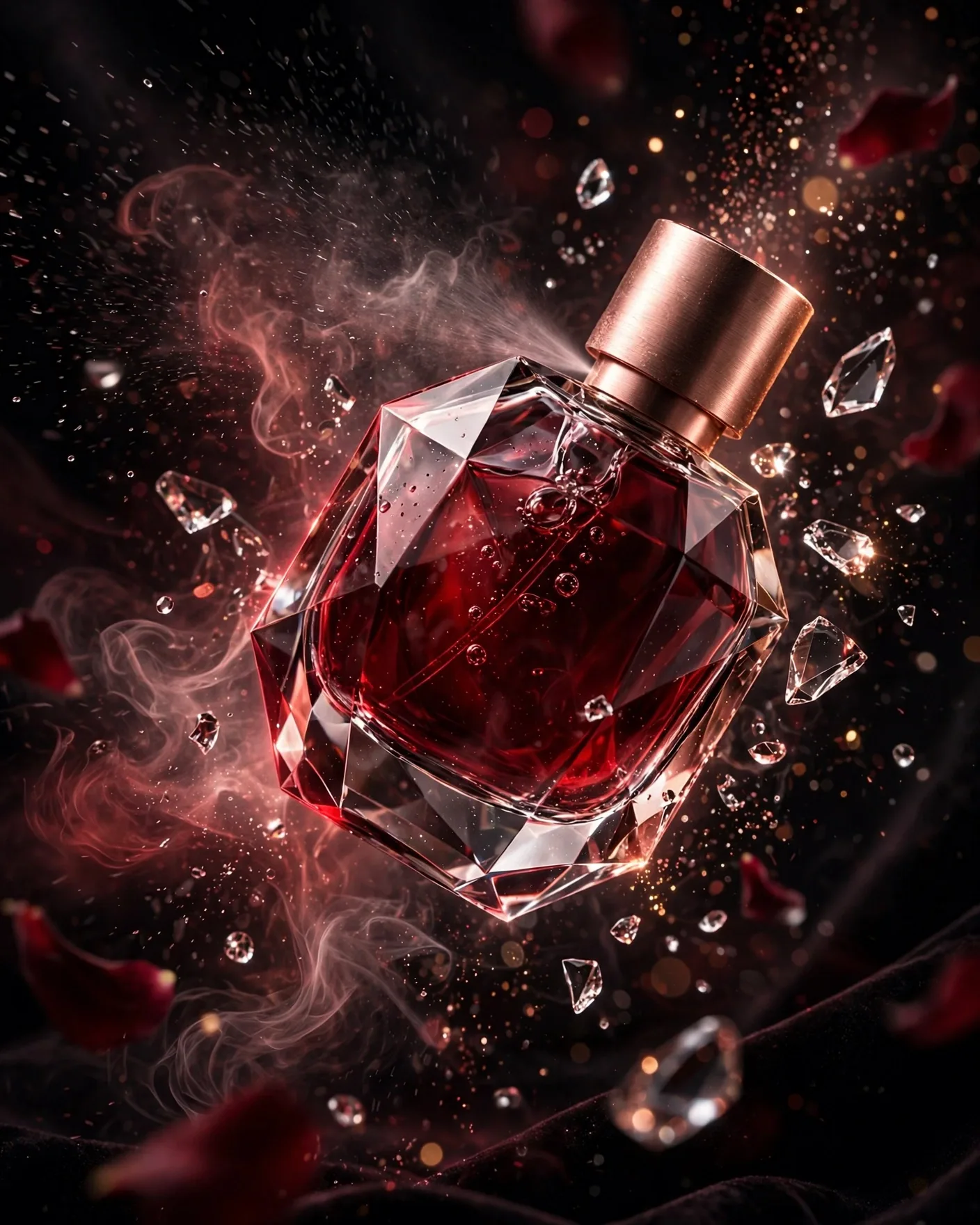 Crimson Perfume Bottle Ad Prompt