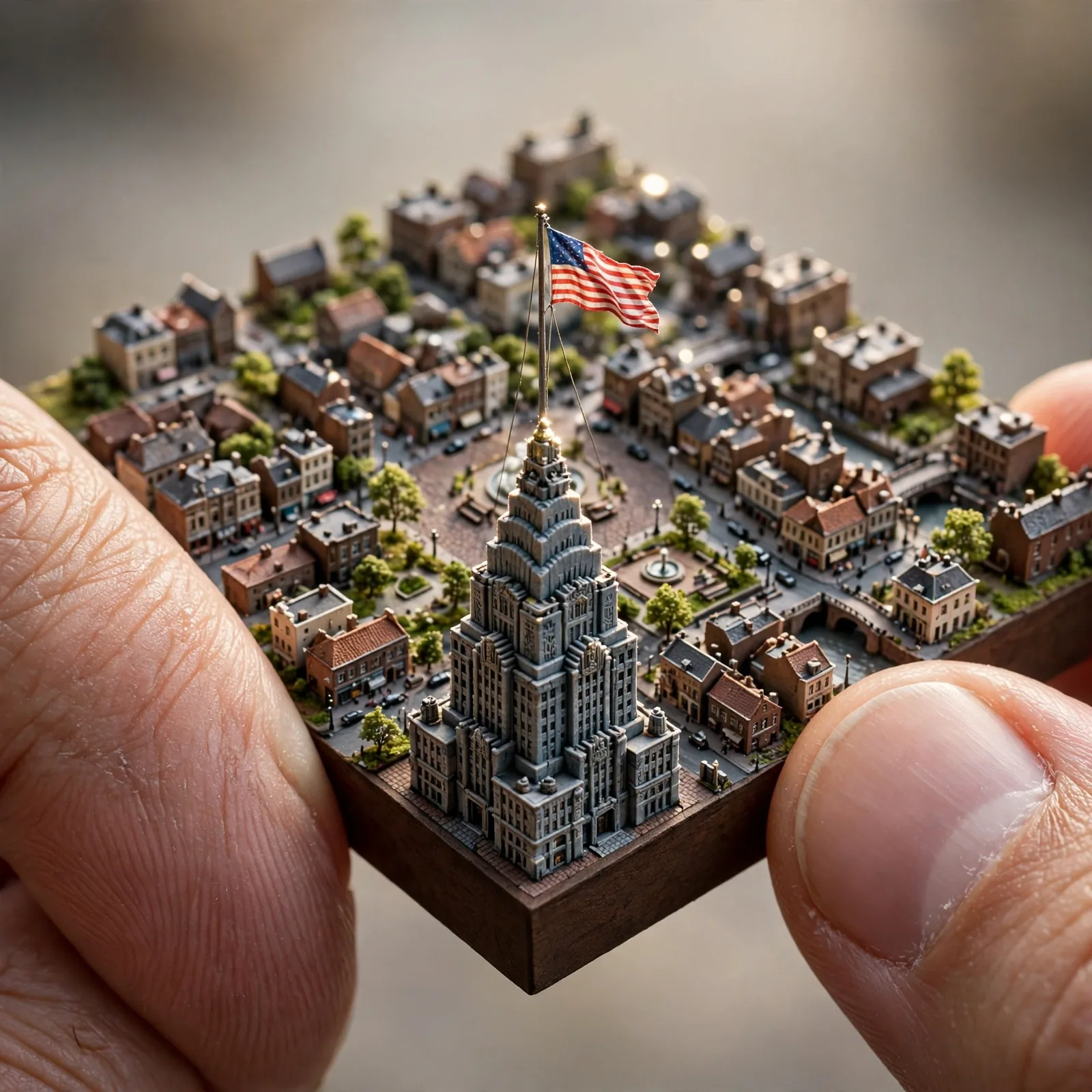 Miniature City Diorama Fingertip Macro Prompt