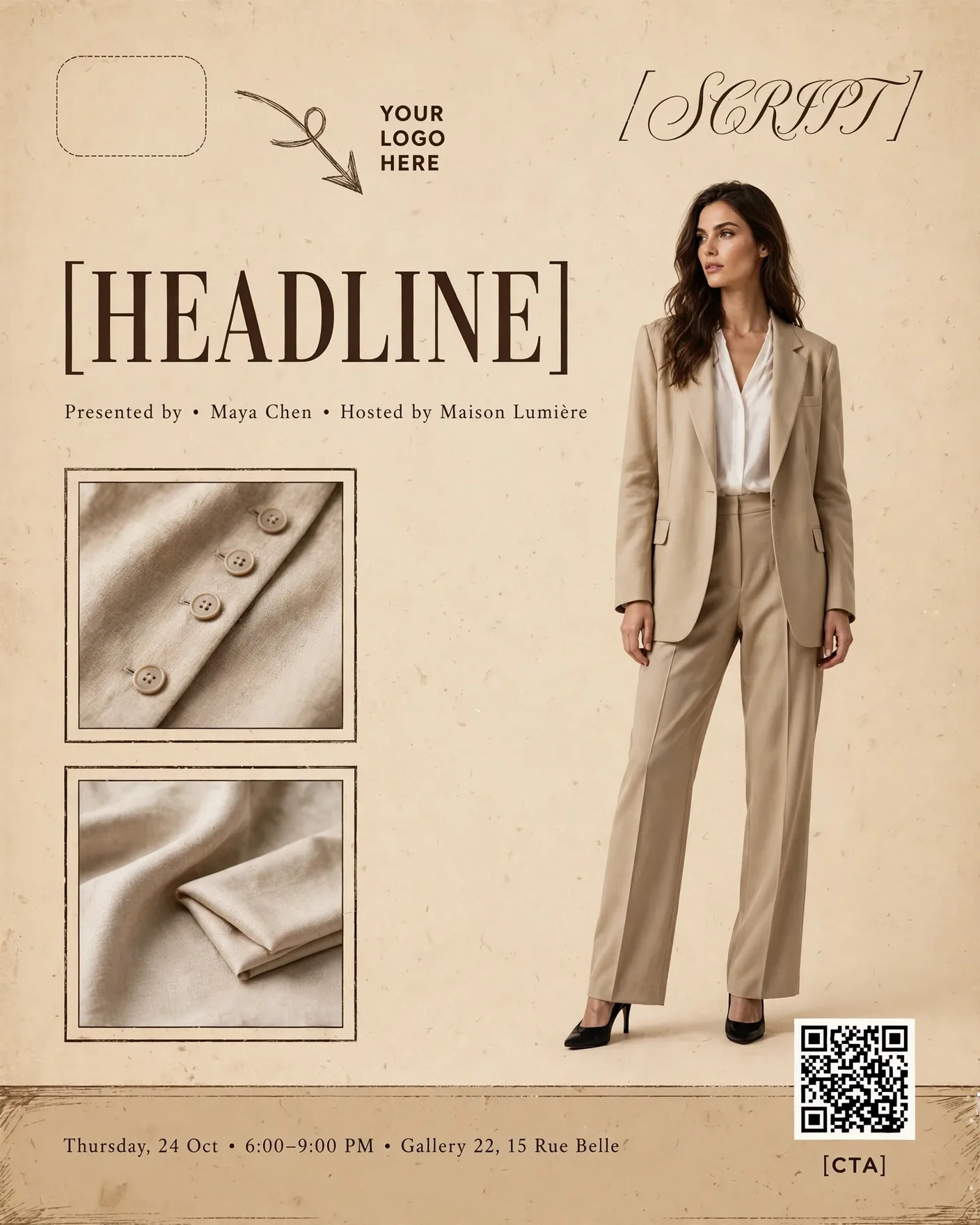 Fashion Week Vintage Cream Event Poster QR Campaign Editable AI Prompt