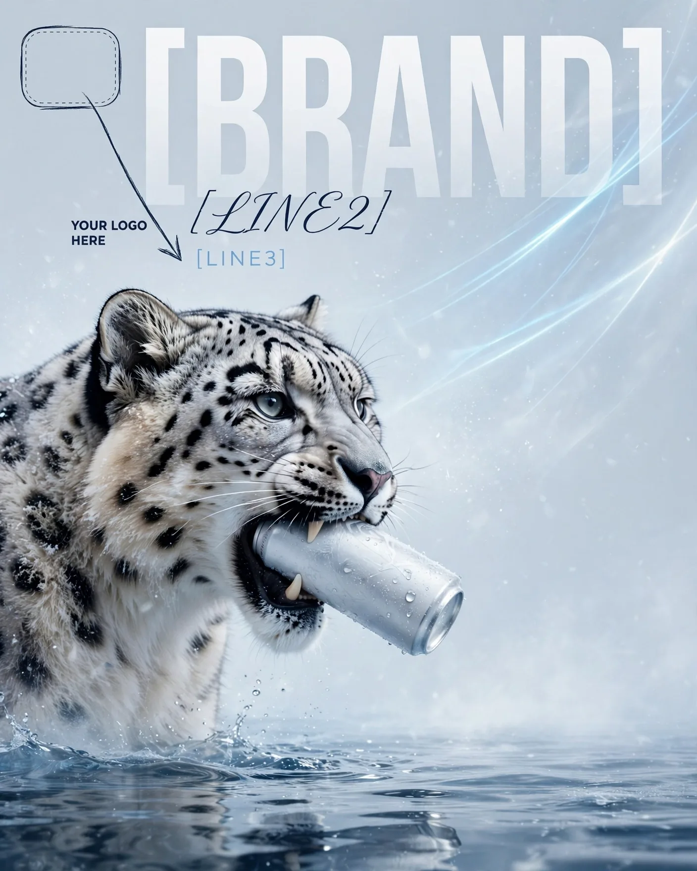 Arctic Leopard Energy Drink Ice Blue Premium Ad Editable AI Prompt