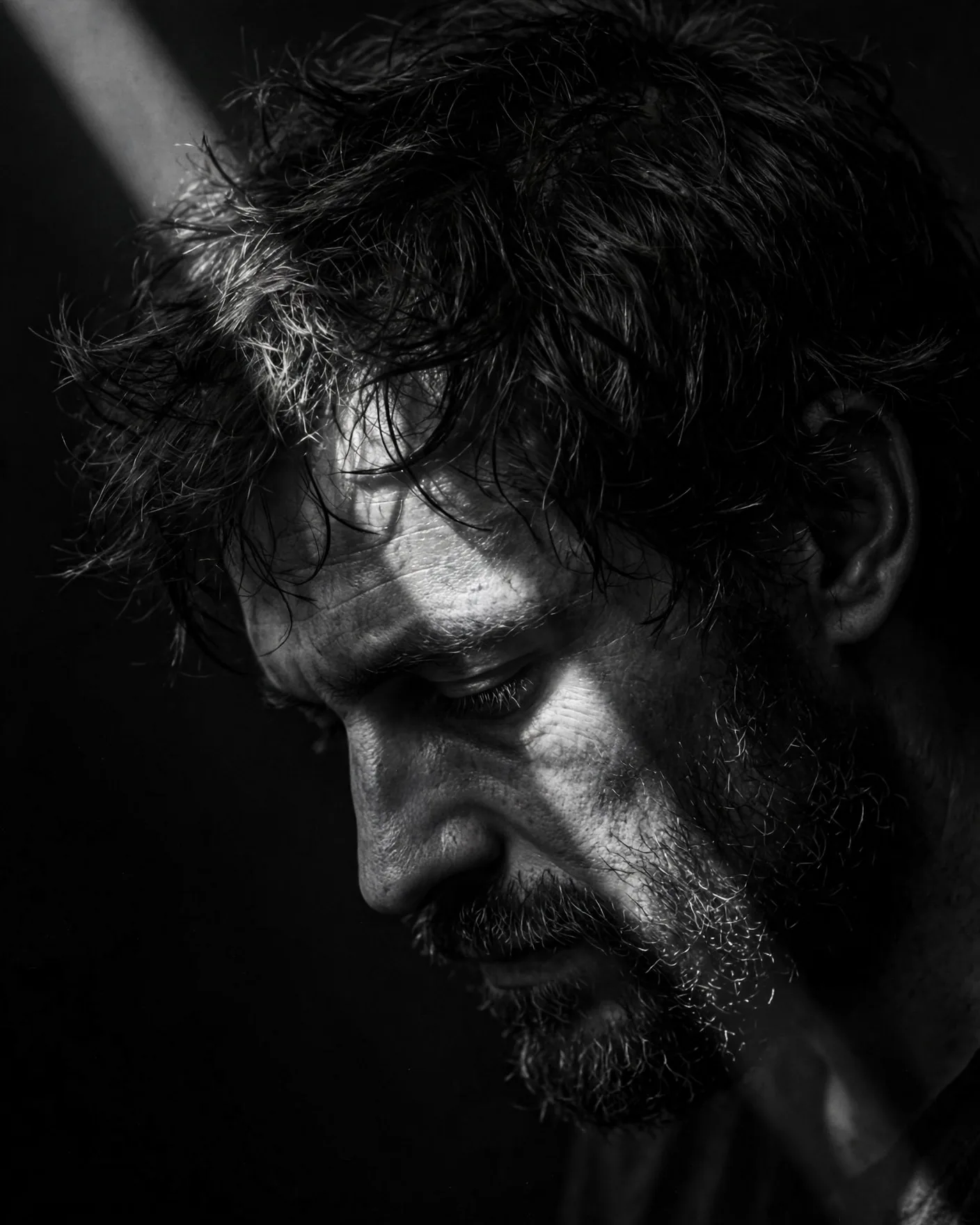Black and White Beard Portrait Prompt — Light Beam in the Dark