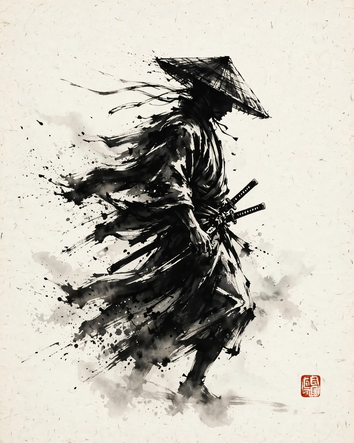 Sumi-e Ronin Ink Wash Prompt — Japanese Warrior Painting