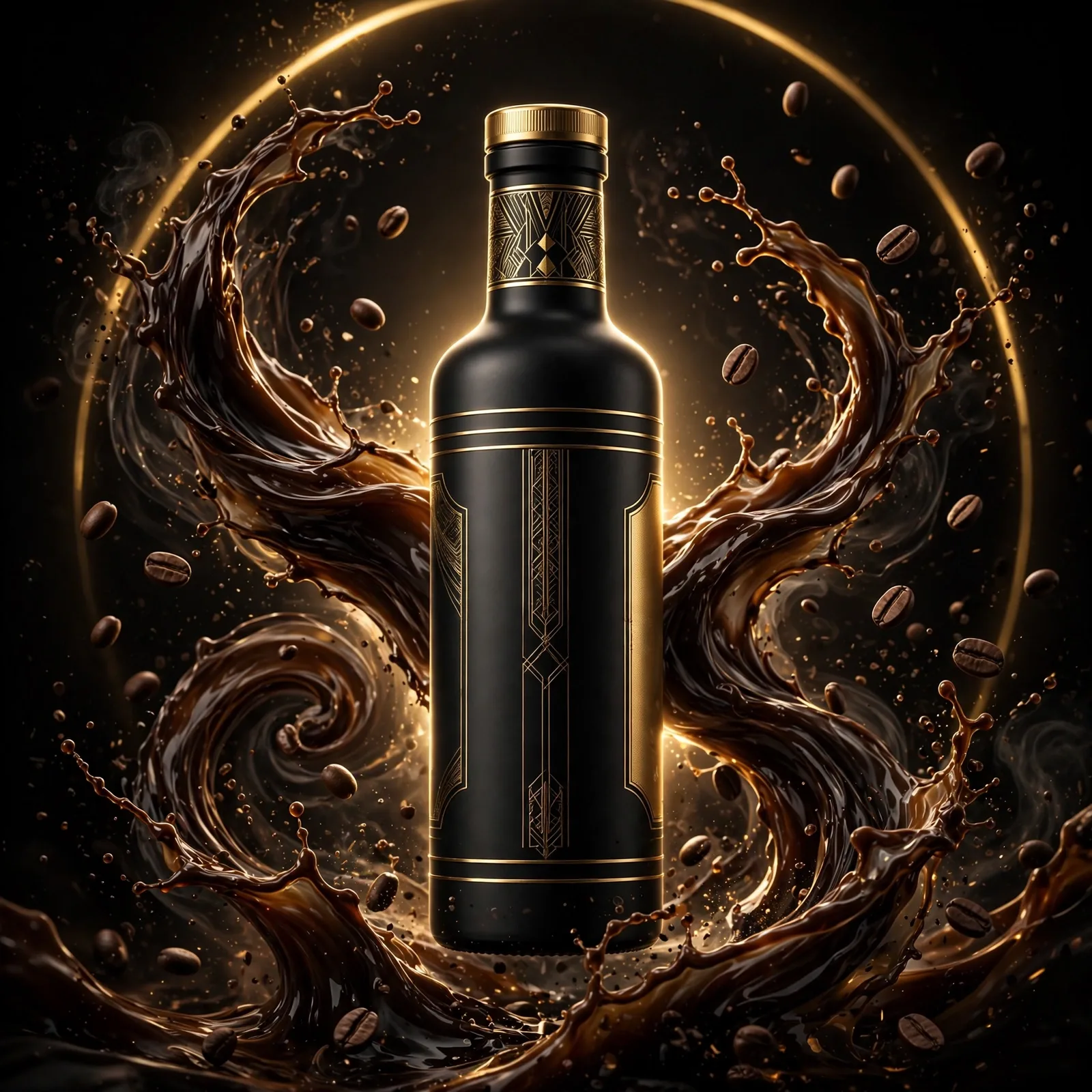 Black-and-Gold Cinematic Coffee Bottle Ad Prompt