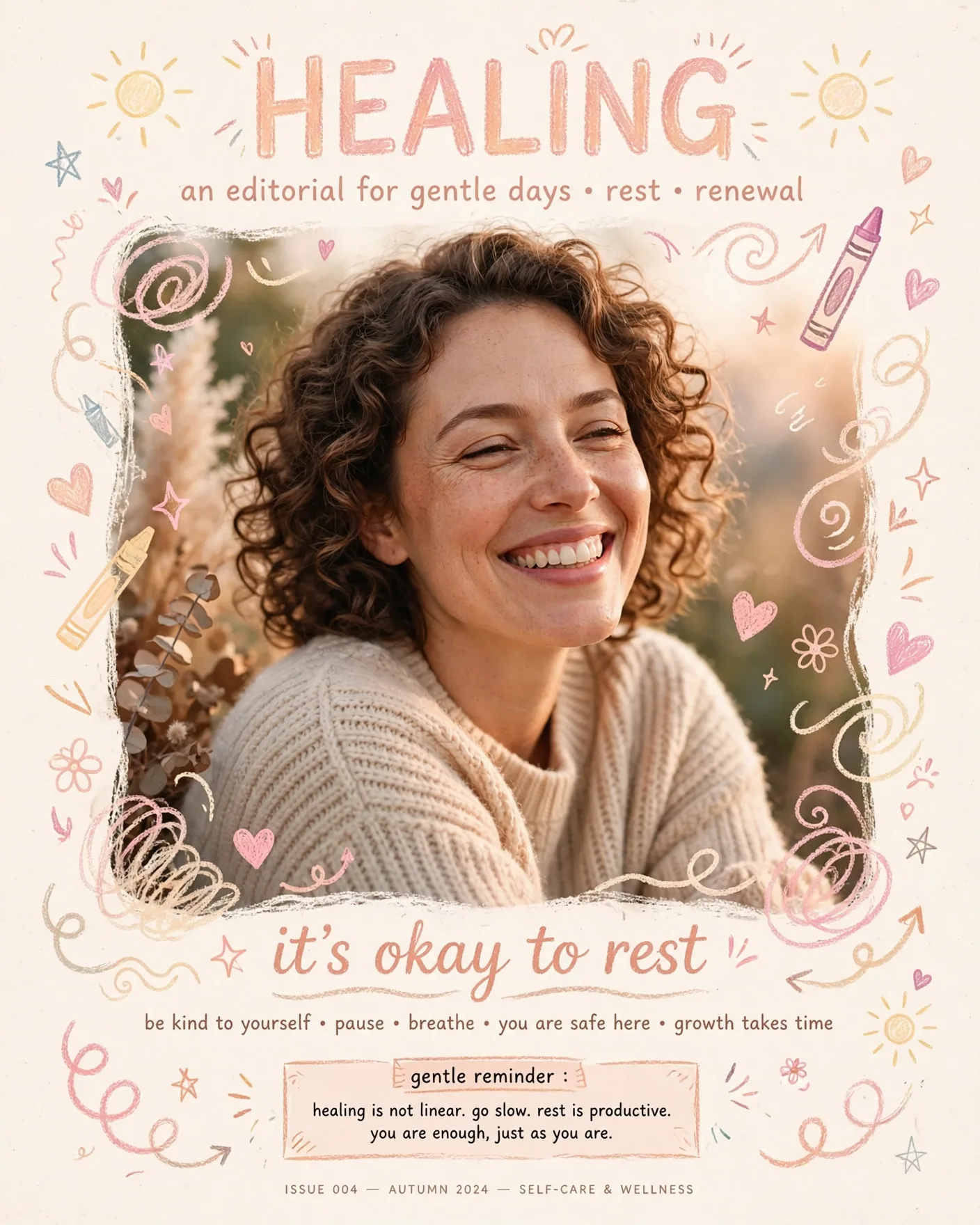 Photo-to-Healing Editorial Poster with Pastel Crayon Doodles