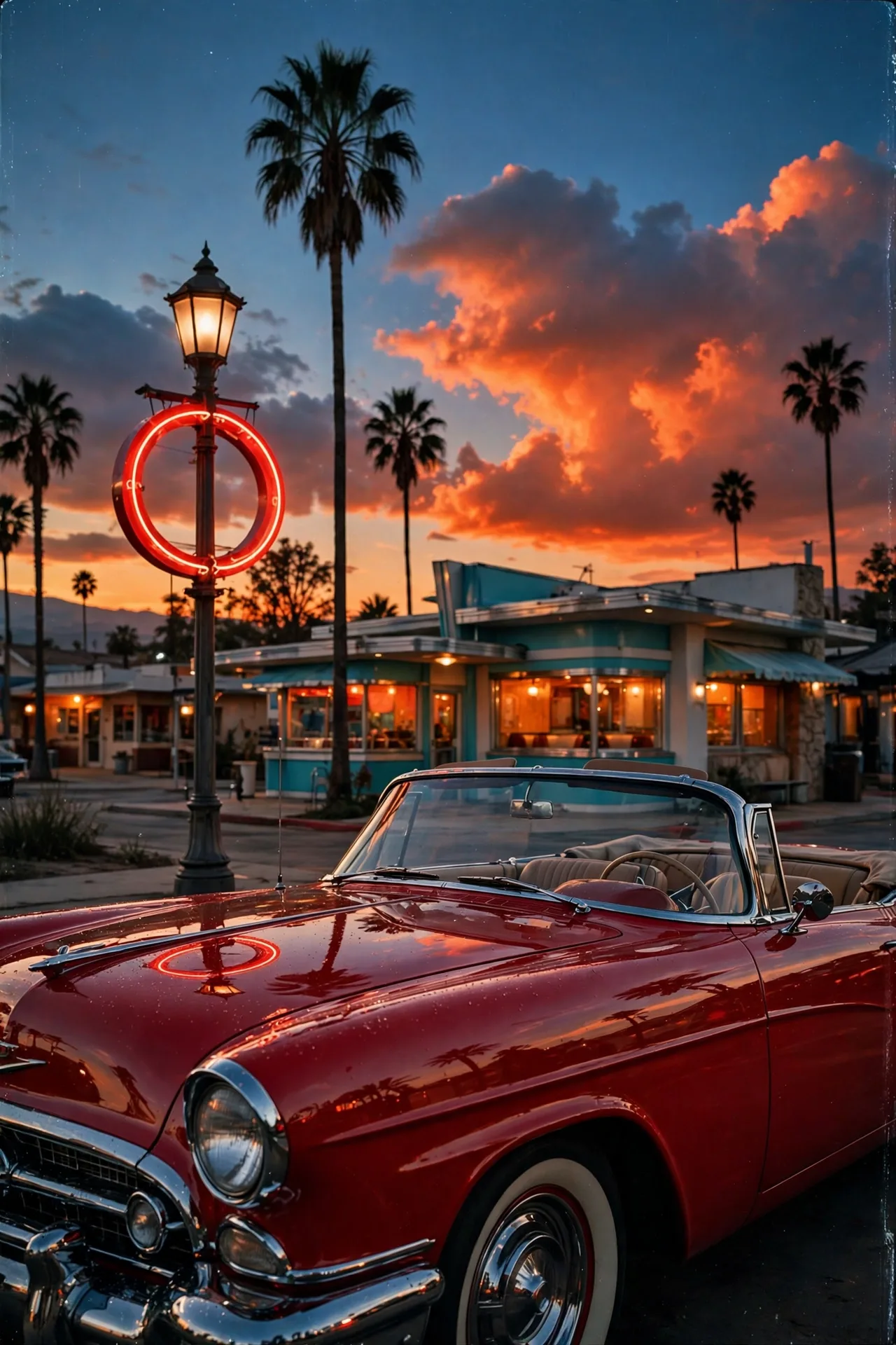 California Sunset Convertible Prompt — Retro Roadside Neon Scene