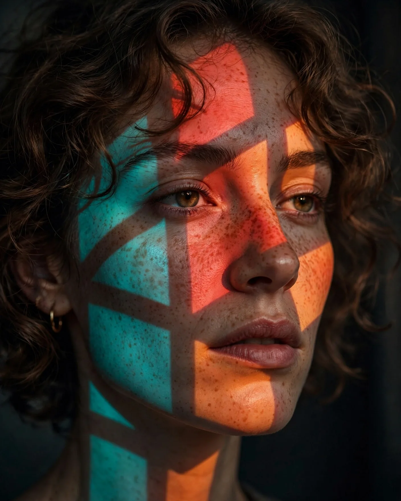 Geometric Window Light Portrait — Red, Orange & Teal