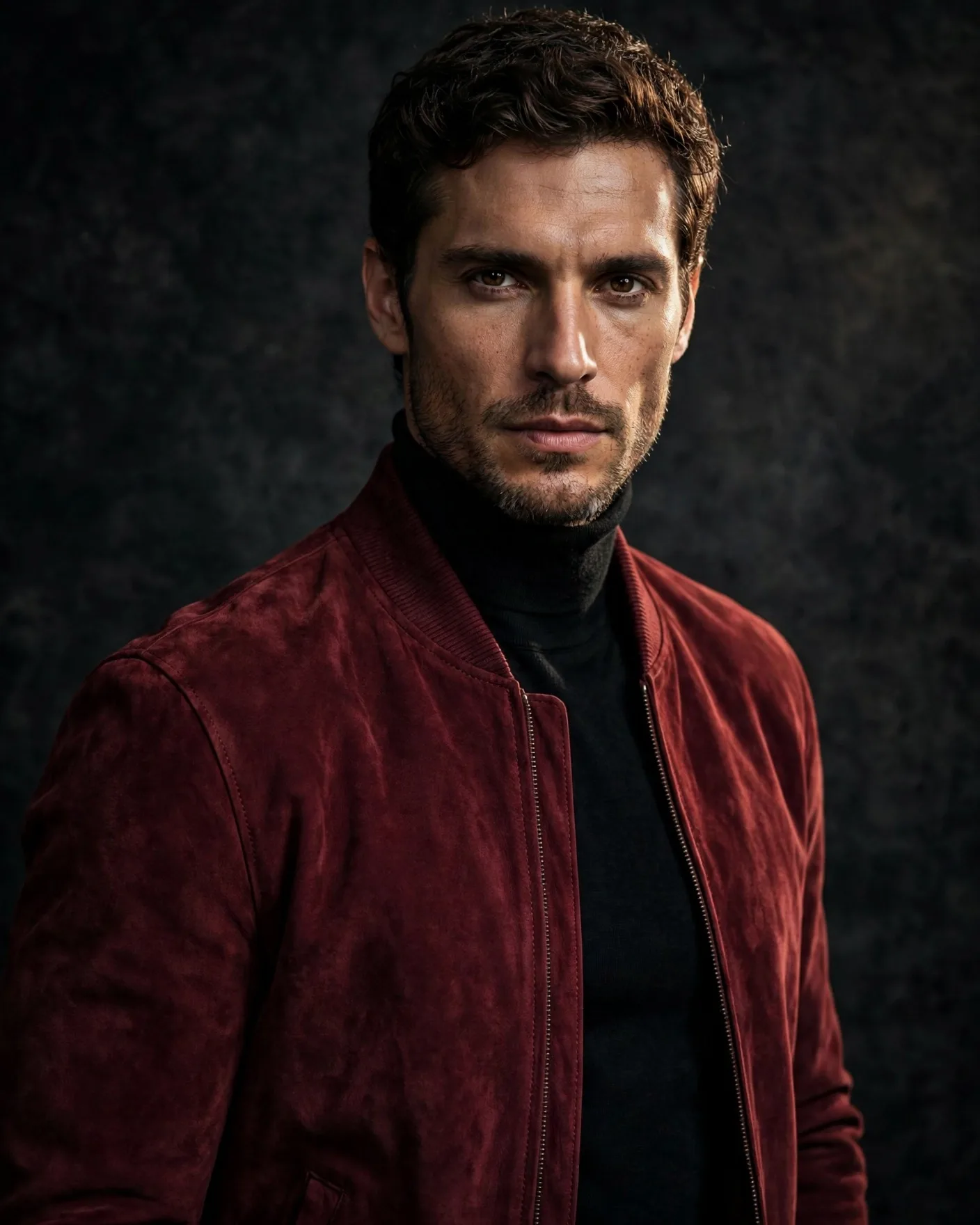 Burgundy Suede Jacket Man — Luxury Fashion Portrait