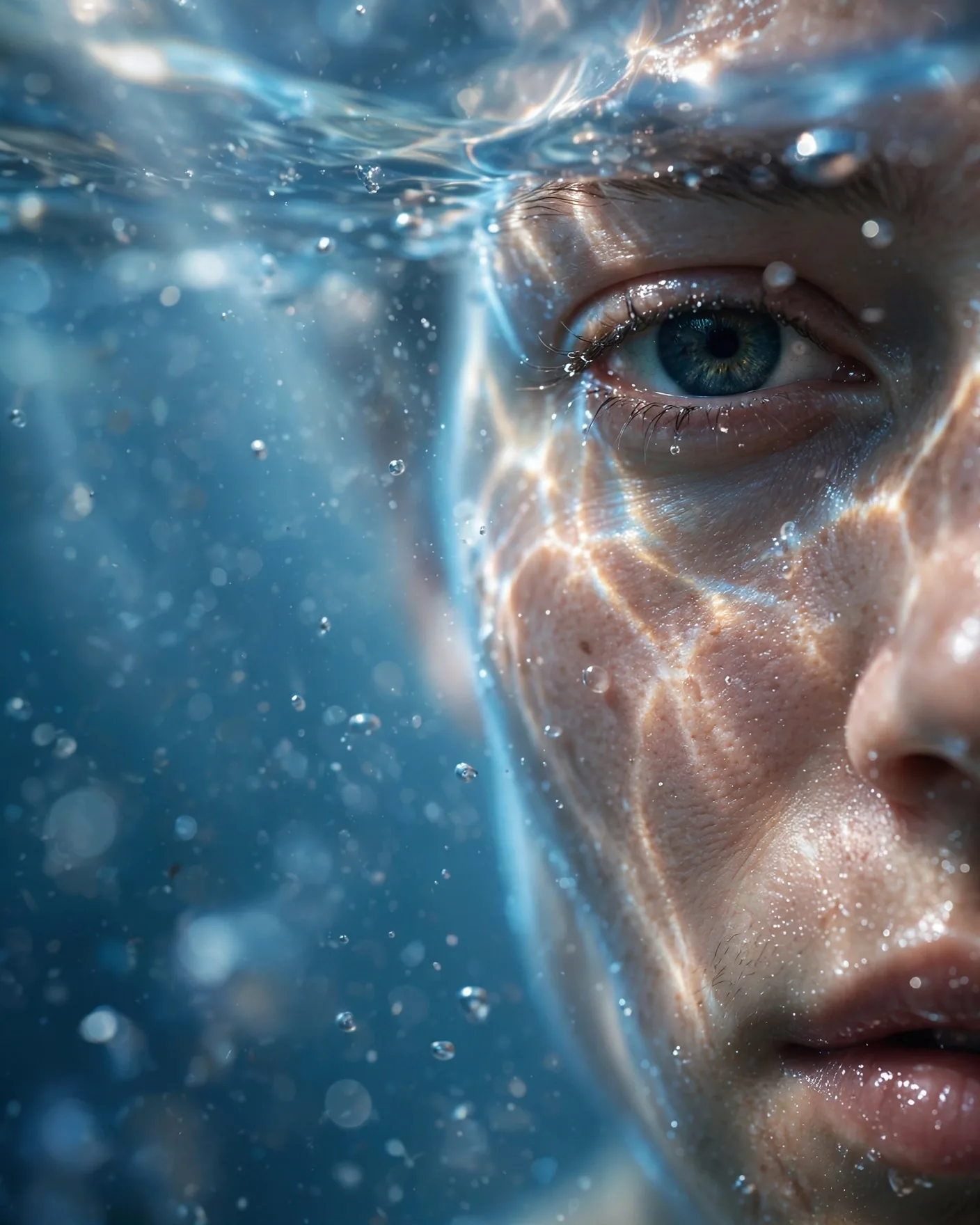 Underwater Macro Portrait Prompt — Half Face Beneath the Surface