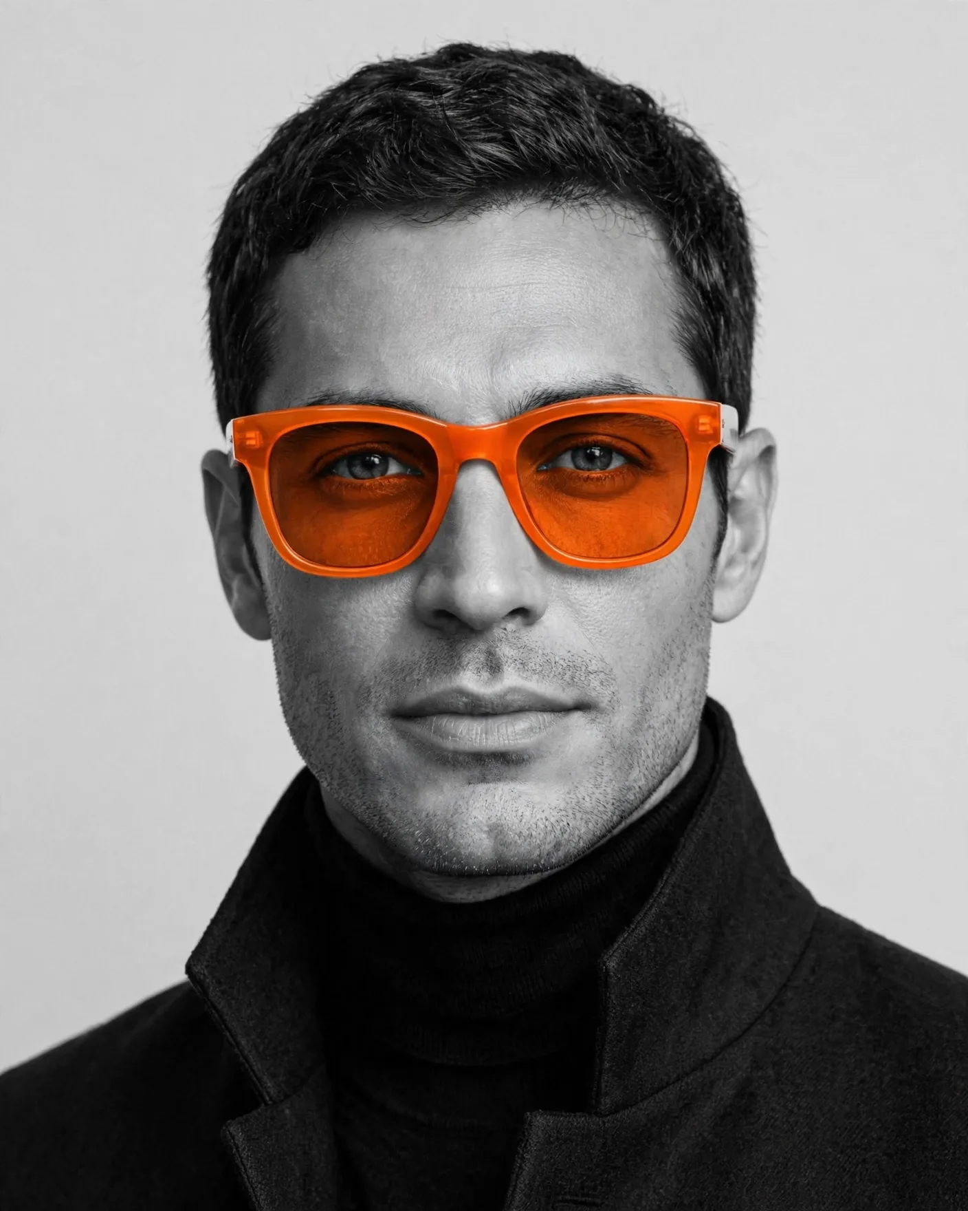 Selective Color Portrait Prompt — Vivid Orange Sunglasses on B&W (4:5)