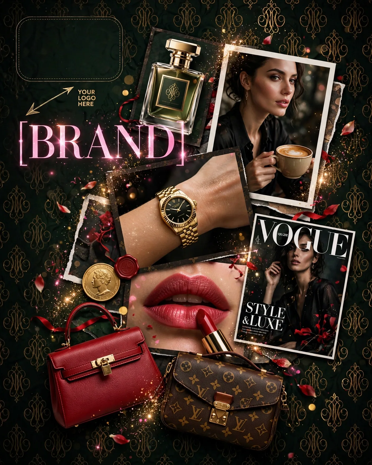 Dark Luxury Noir Collage Gold Monogram Glam Poster Editable AI Prompt