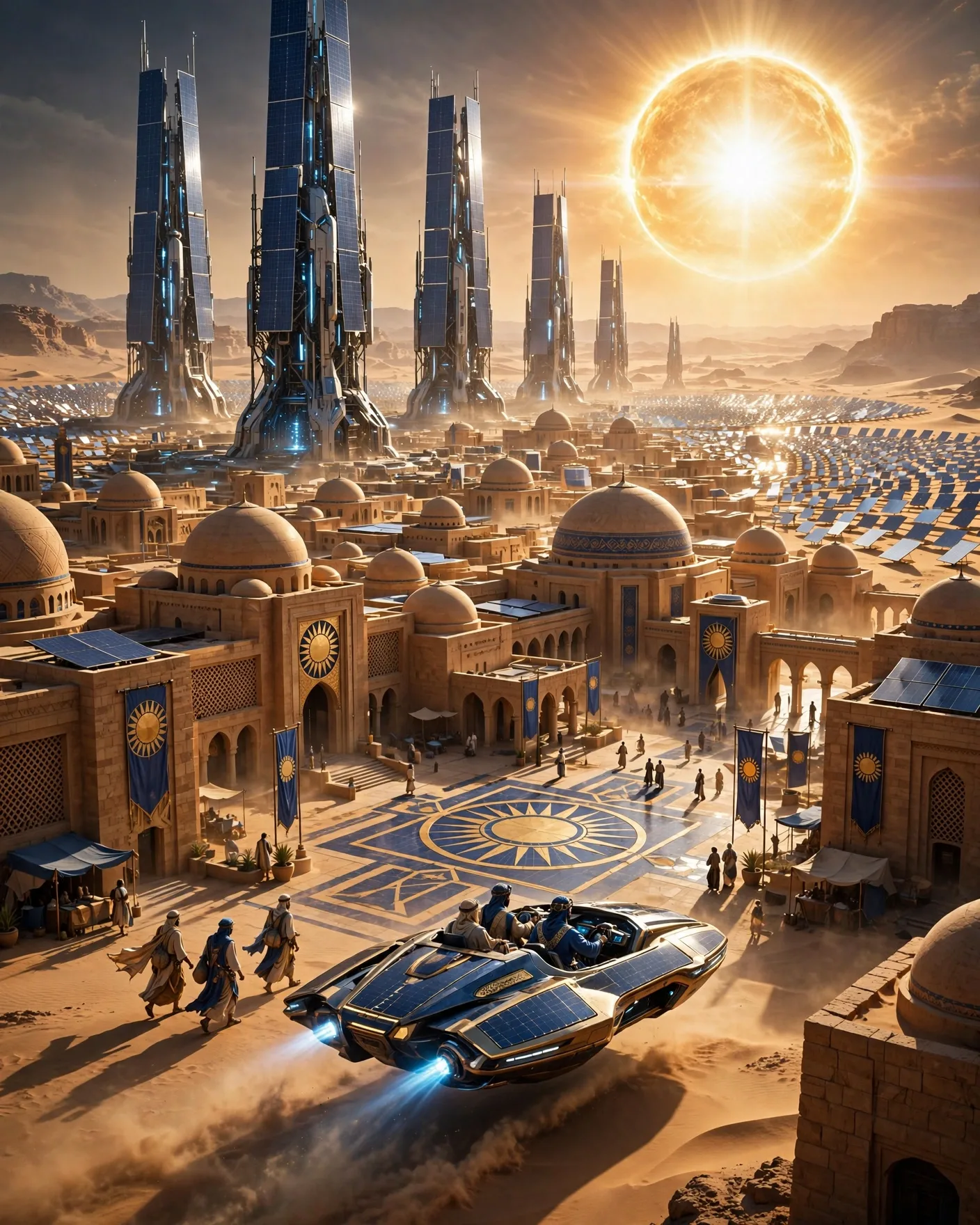 Solar Desert Civilization Poster Prompt — Futuristic Worldbuilding