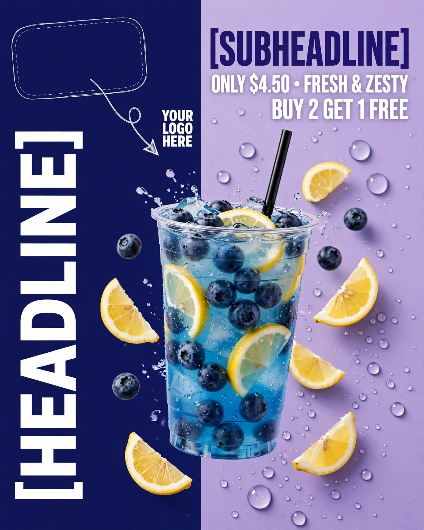 Blueberry Lemonade Drink Promo Poster Bold Flavor Editable AI Prompt