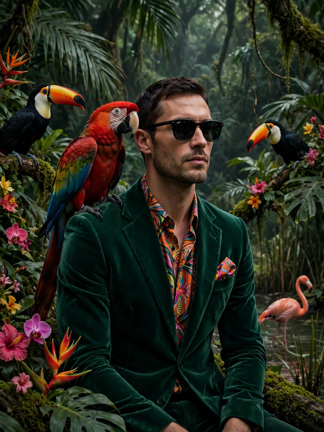 Jungle Velvet Suit Tropical Birds Self-Swap Editable AI Prompt