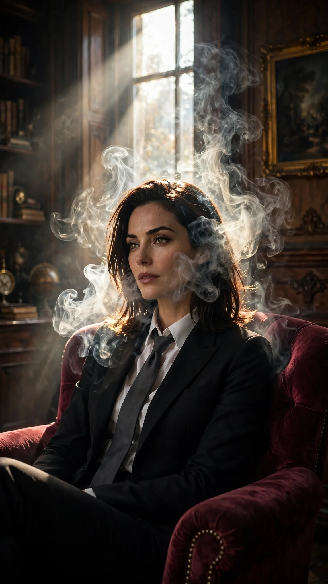 Chiaroscuro Smoke Portrait Prompt — Cinematic Noir Portrait in a Vintage Study