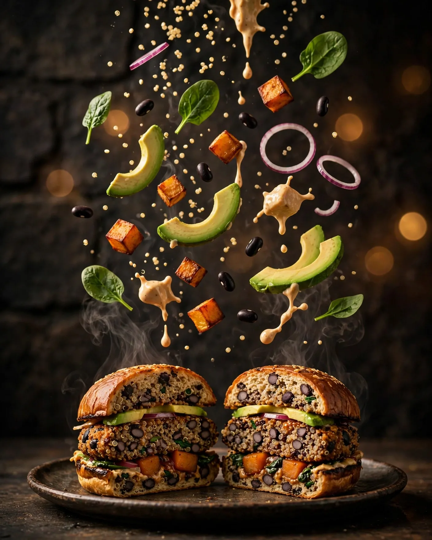 Exploded Quinoa Burger Food Ad Prompt — Floating Ingredients (4:5)