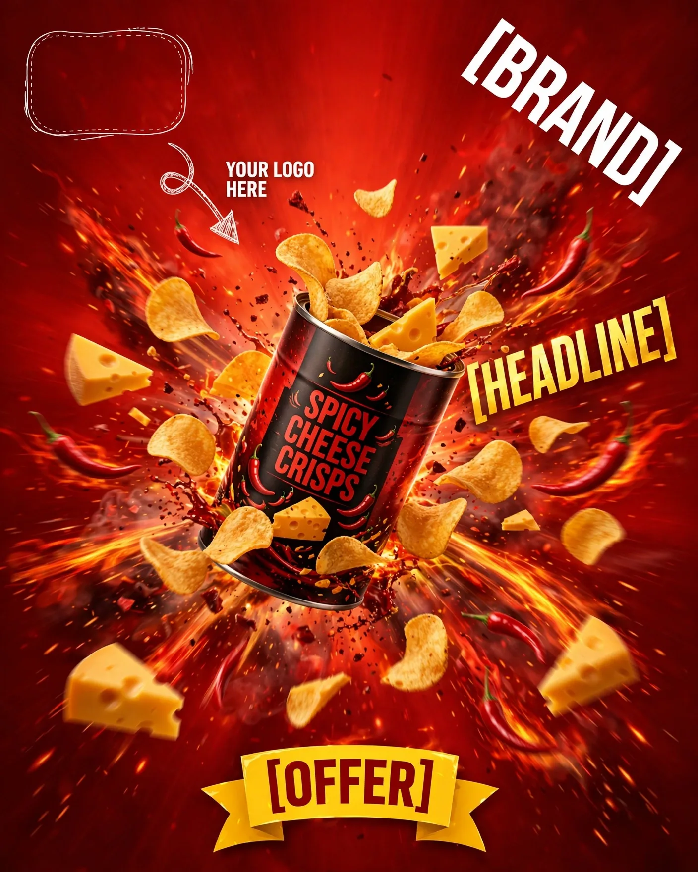 Spicy Red Snack Can Explosion Motion Promo Editable AI Prompt