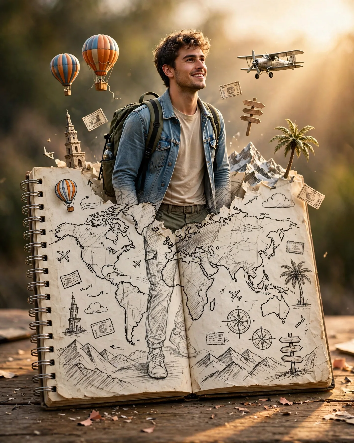 Traveler Emerging From Sketch Notebook Prompt — Sketch-to-3D Illusion