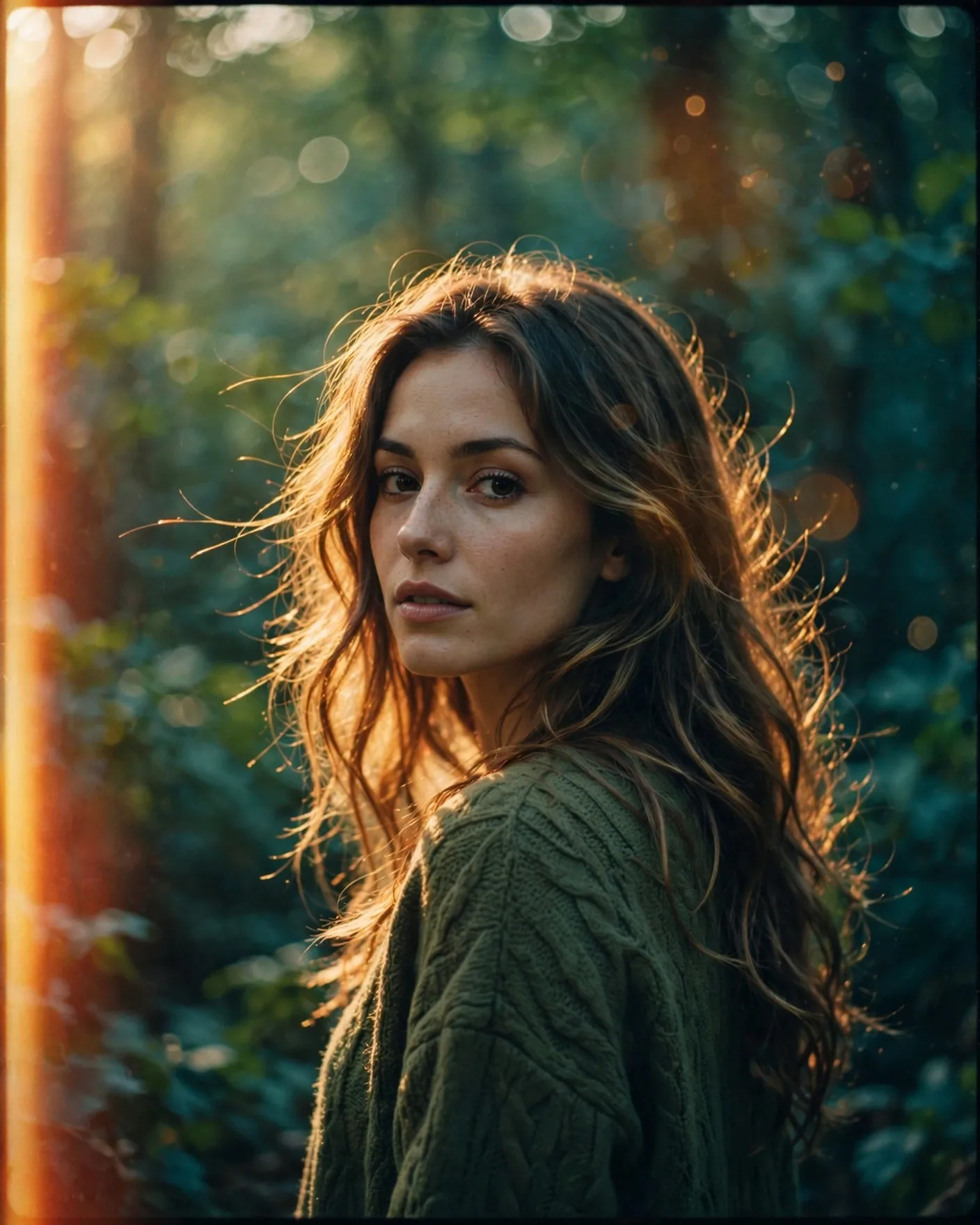 Teal & Orange Forest Portrait Prompt — 35mm Film Look (4:5)