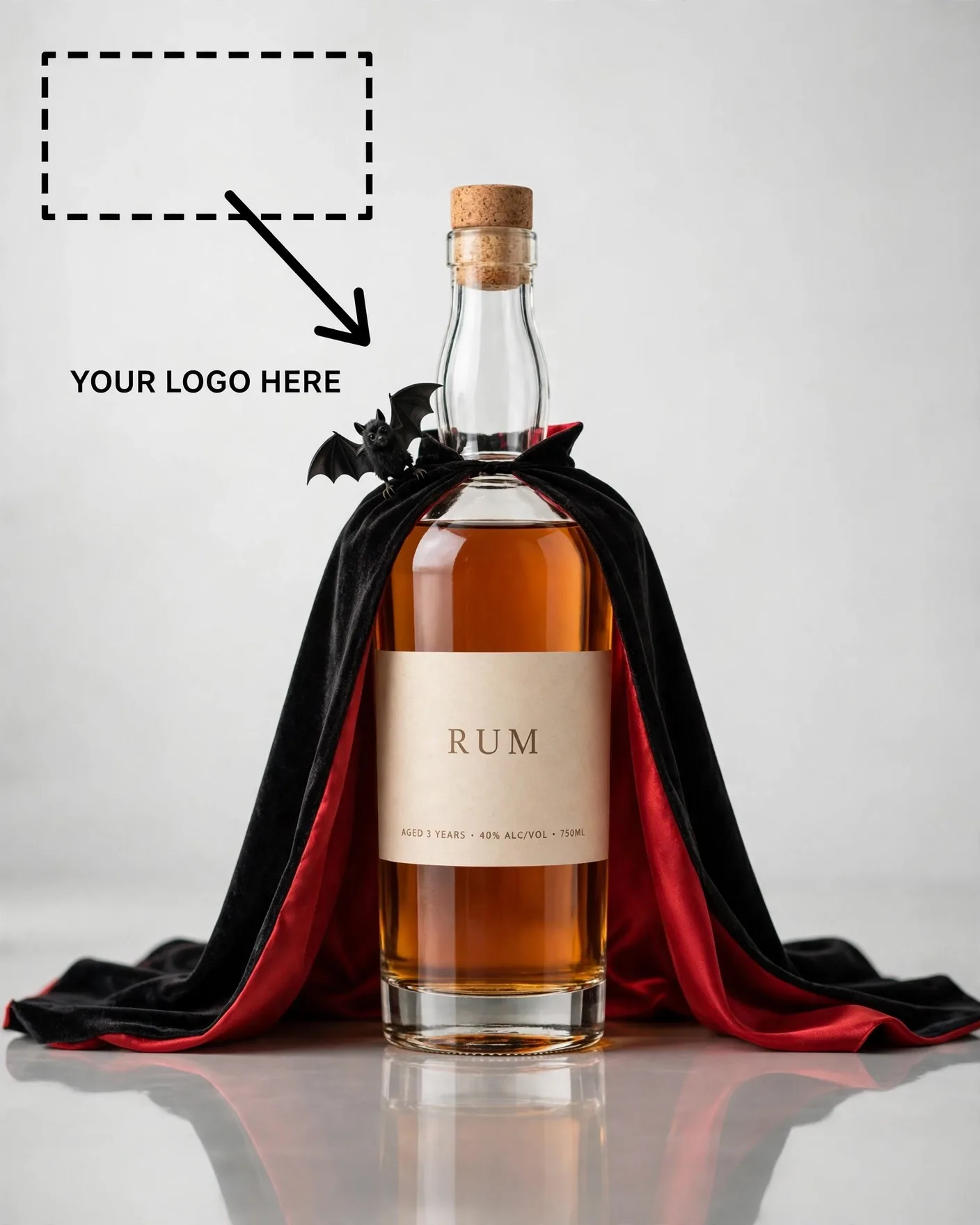 Halloween Vampire Cape Rum Bottle Spooky Seasonal Ad Editable AI Prompt