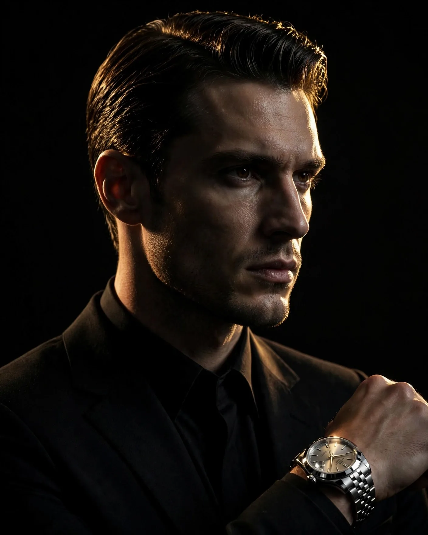 Noir Studio Watch Editorial Prompt — Dark Luxury Portrait