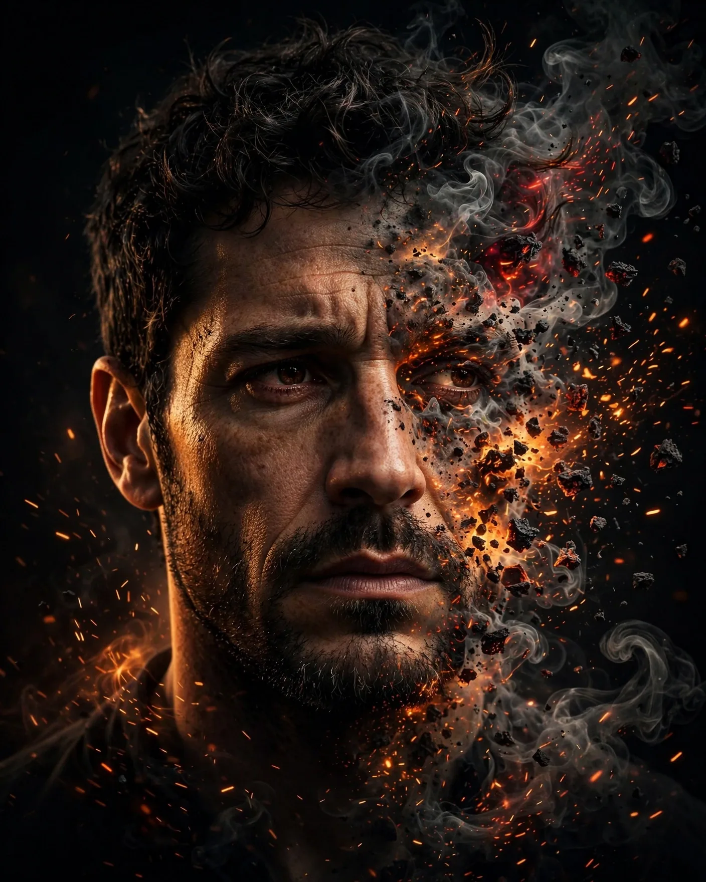 Ember Disintegration Portrait — Man Dissolving Into Smoke