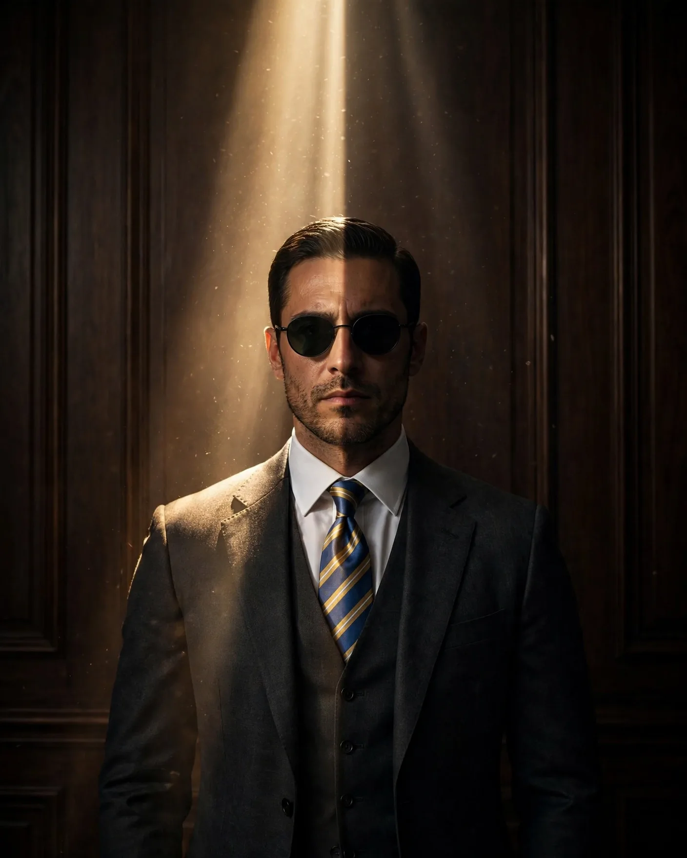 Suit Sunbeam Portrait Prompt — Split Between Light and Shadow