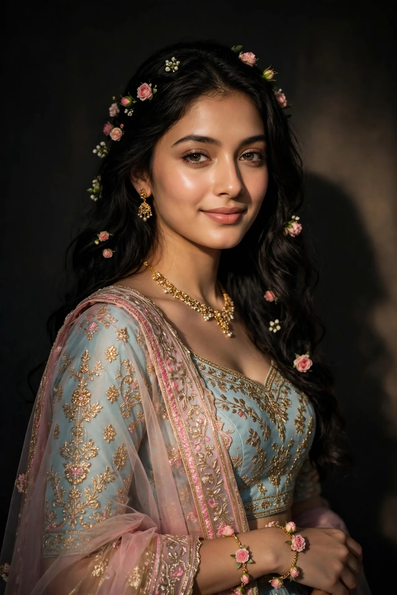 Pastel Lehenga Portrait in Studio Spotlight