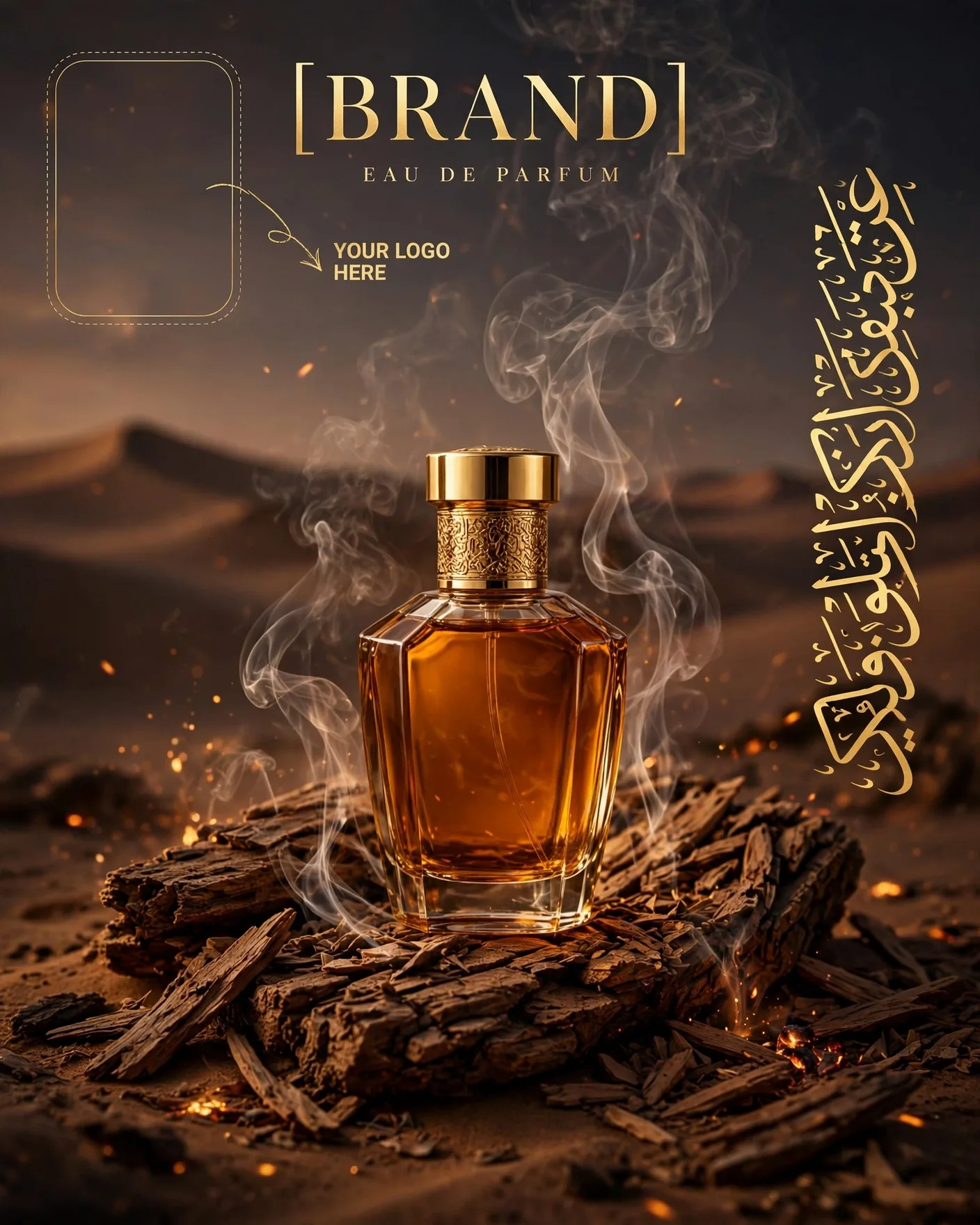 Oriental Oud Amber Perfume Ad Poster Arabic Calligraphy Campaign Editable AI Prompt
