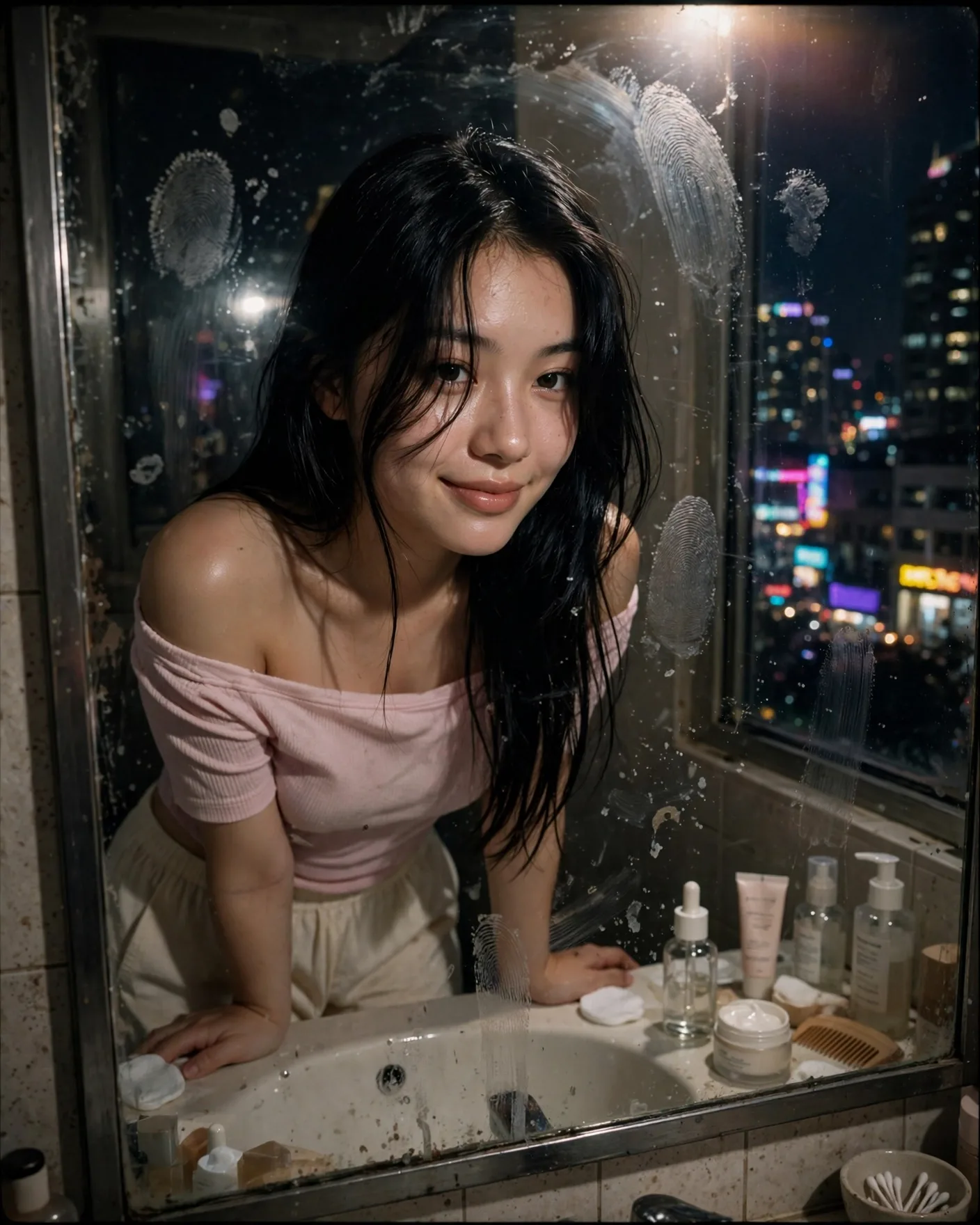 Y2K Flash Bathroom Mirror Film Portrait Prompt — Neon City Night