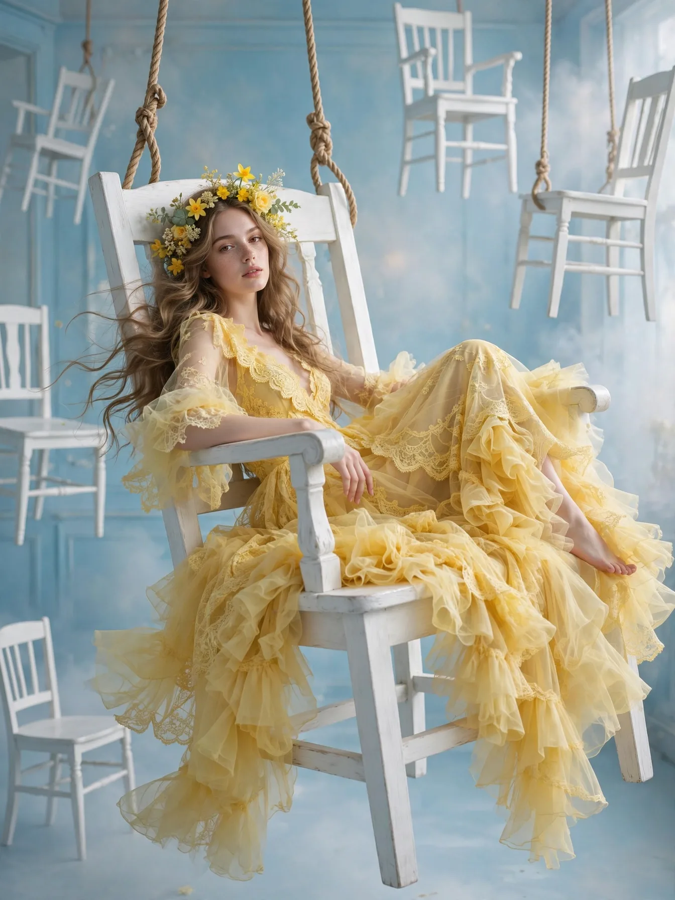 Yellow Lace Gown Floating Chairs Self-Swap Editable AI Prompt