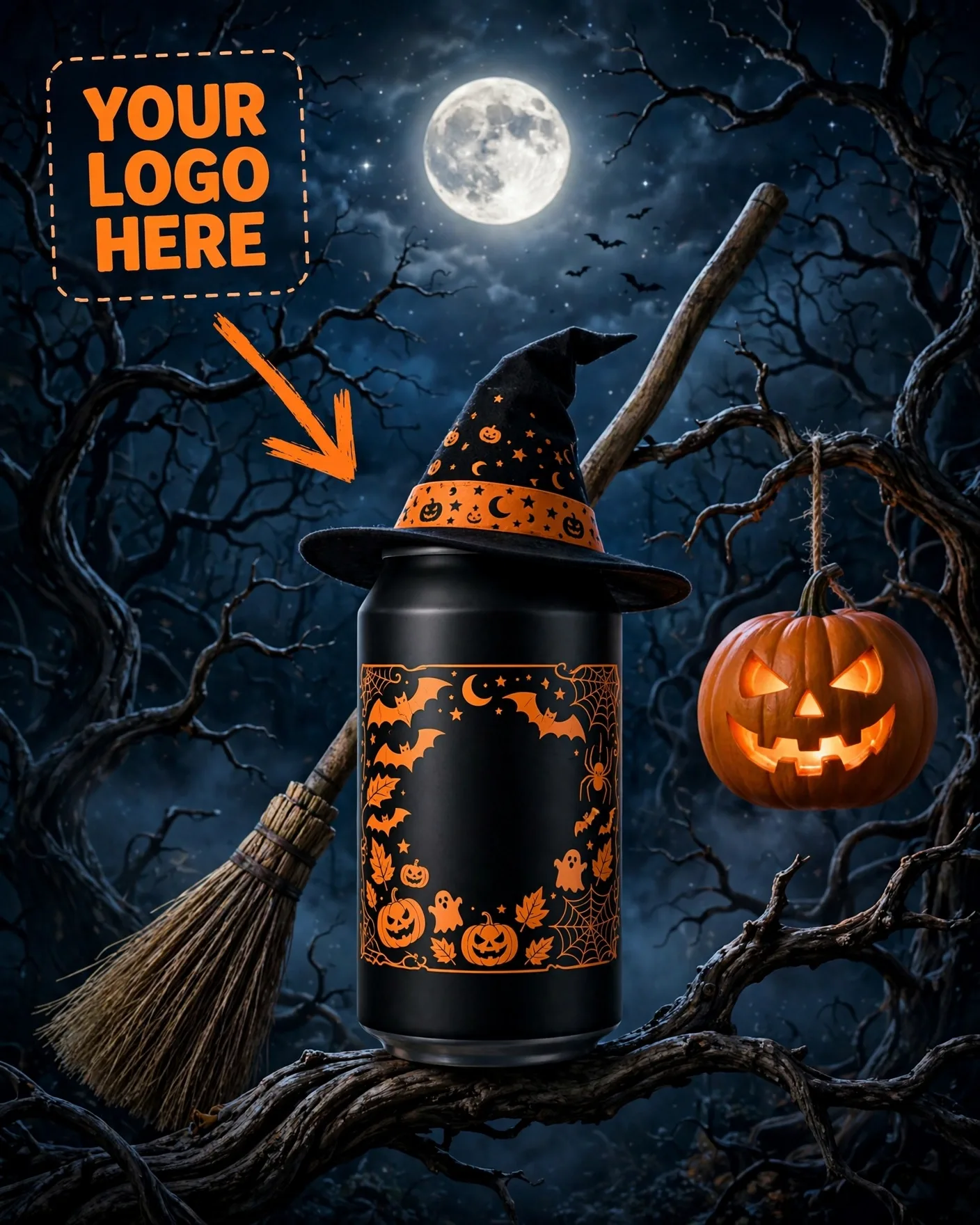 Halloween Witch Hat Black Soda Can Spooky Beverage Ad Editable AI Prompt