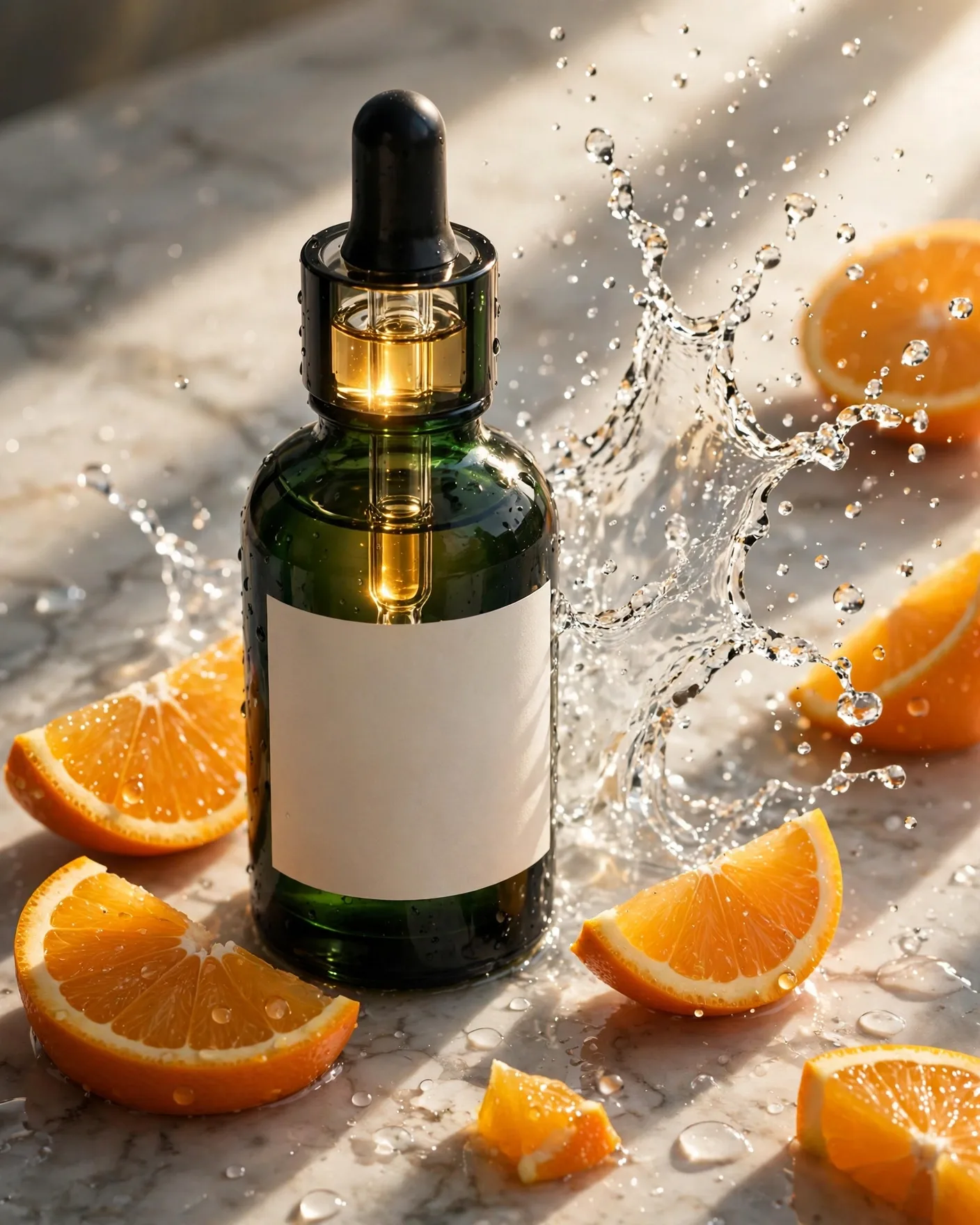 Citrus Serum Bottle Sunlight Ad Prompt