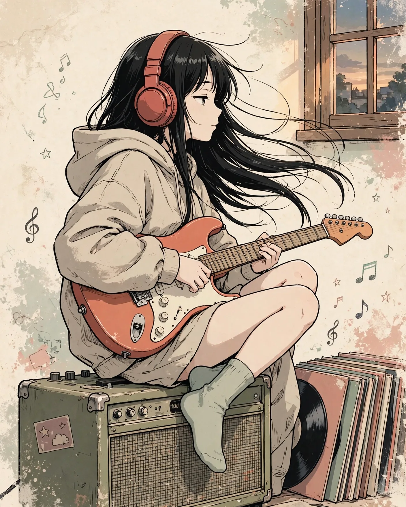 Lo-Fi Anime Girl Guitar Illustration Prompt — Cozy Music Art