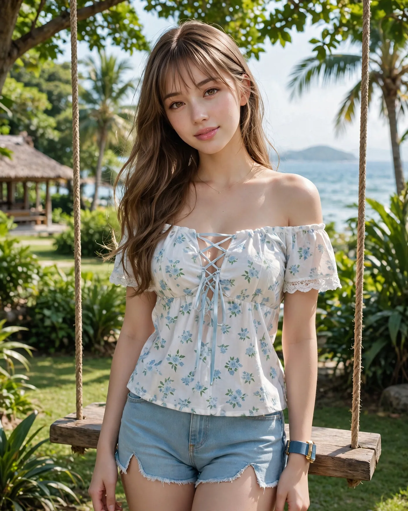 Garden Swing Coastal Portrait Prompt — Summer Light, Floral Top
