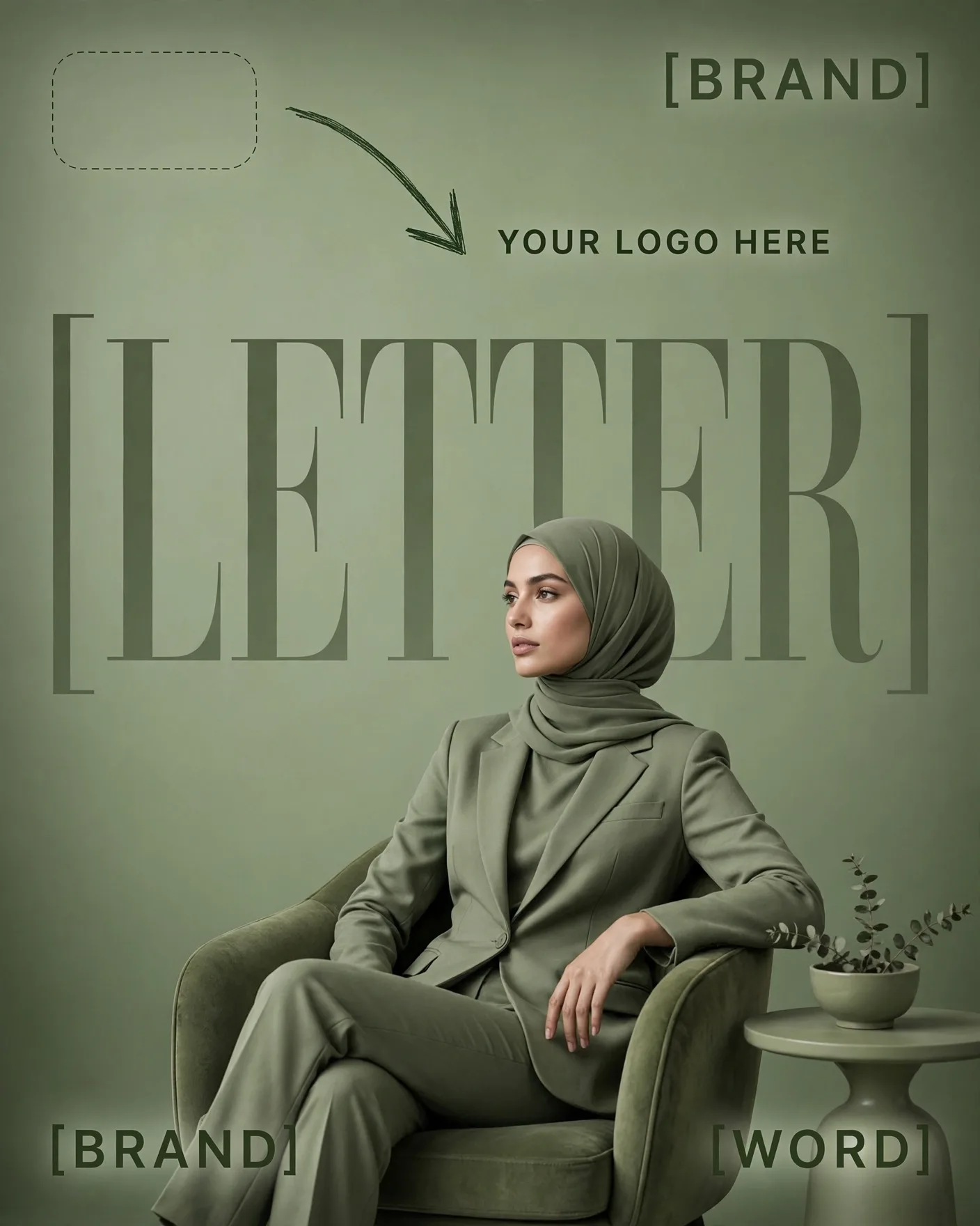 Sage Modest Fashion Editorial Monochrome Green Poster Editable AI Prompt