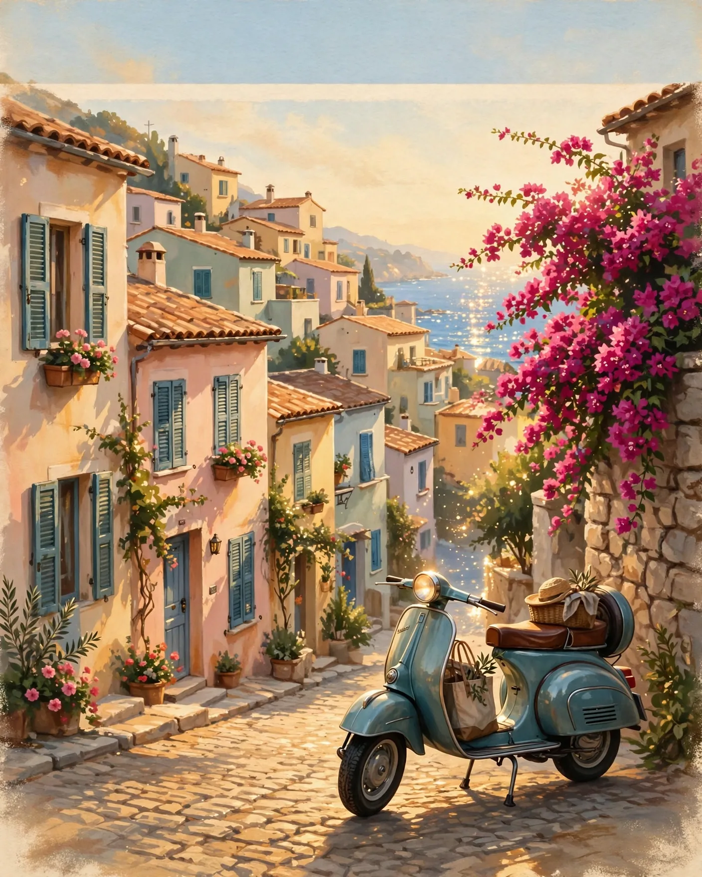 Mediterranean Scooter Travel Poster Prompt — Coastal Illustration (4:5)