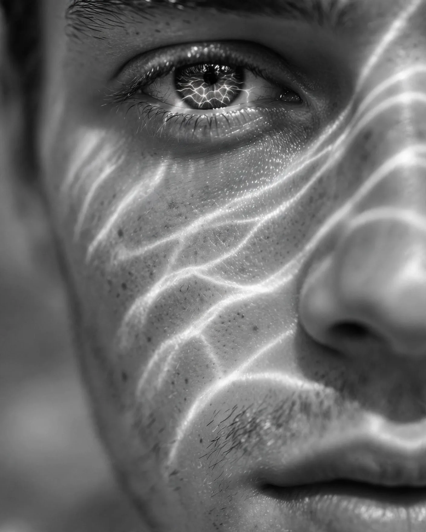 Surreal Water Light Man Portrait Prompt — Monochrome Close-Up