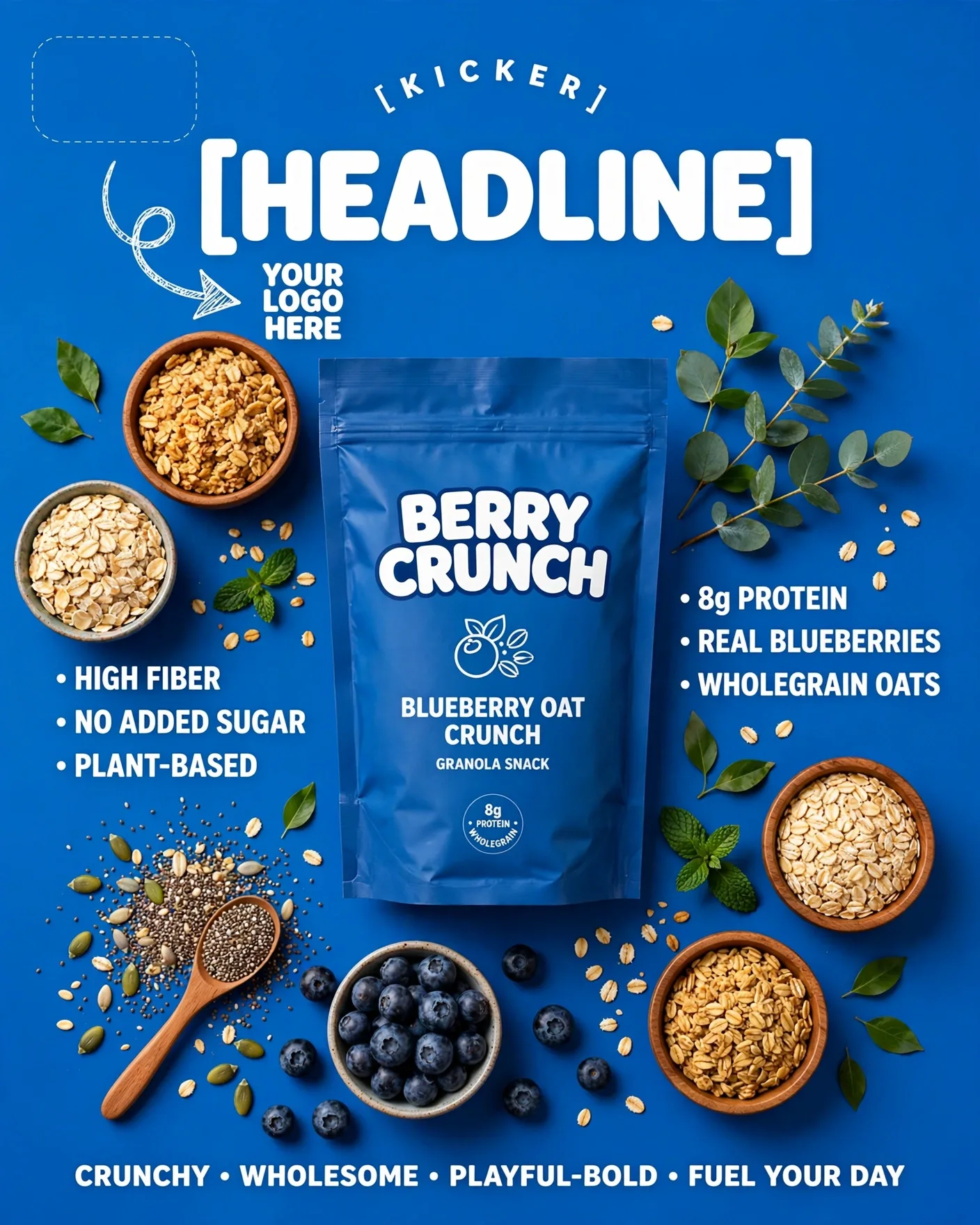 Sprouted Snack Pouch Ad Electric Blue Flat-Lay Editable AI Prompt