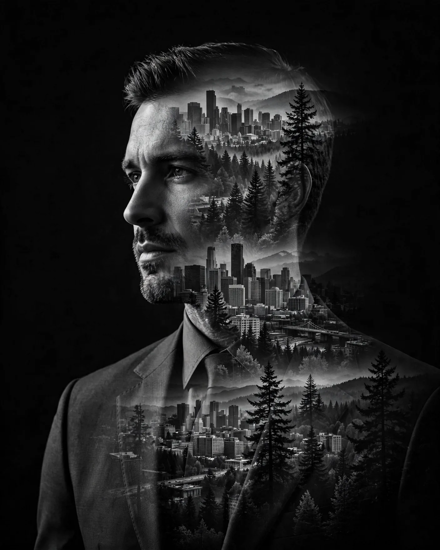 Suited Man Double Exposure — Monochrome Art Portrait