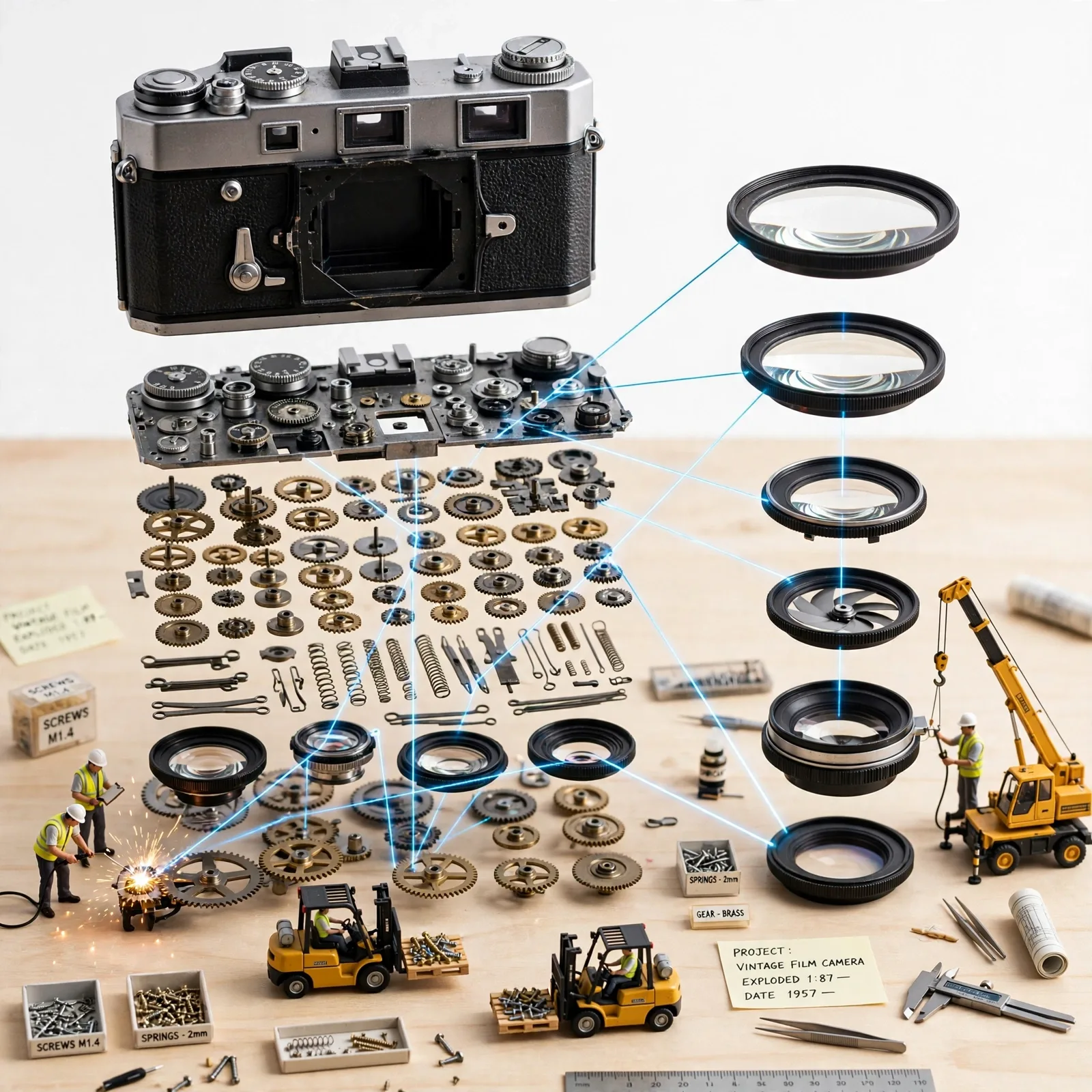 Miniature Construction Crew Exploded-View Prompt — Gadget Build Scene (1:1)